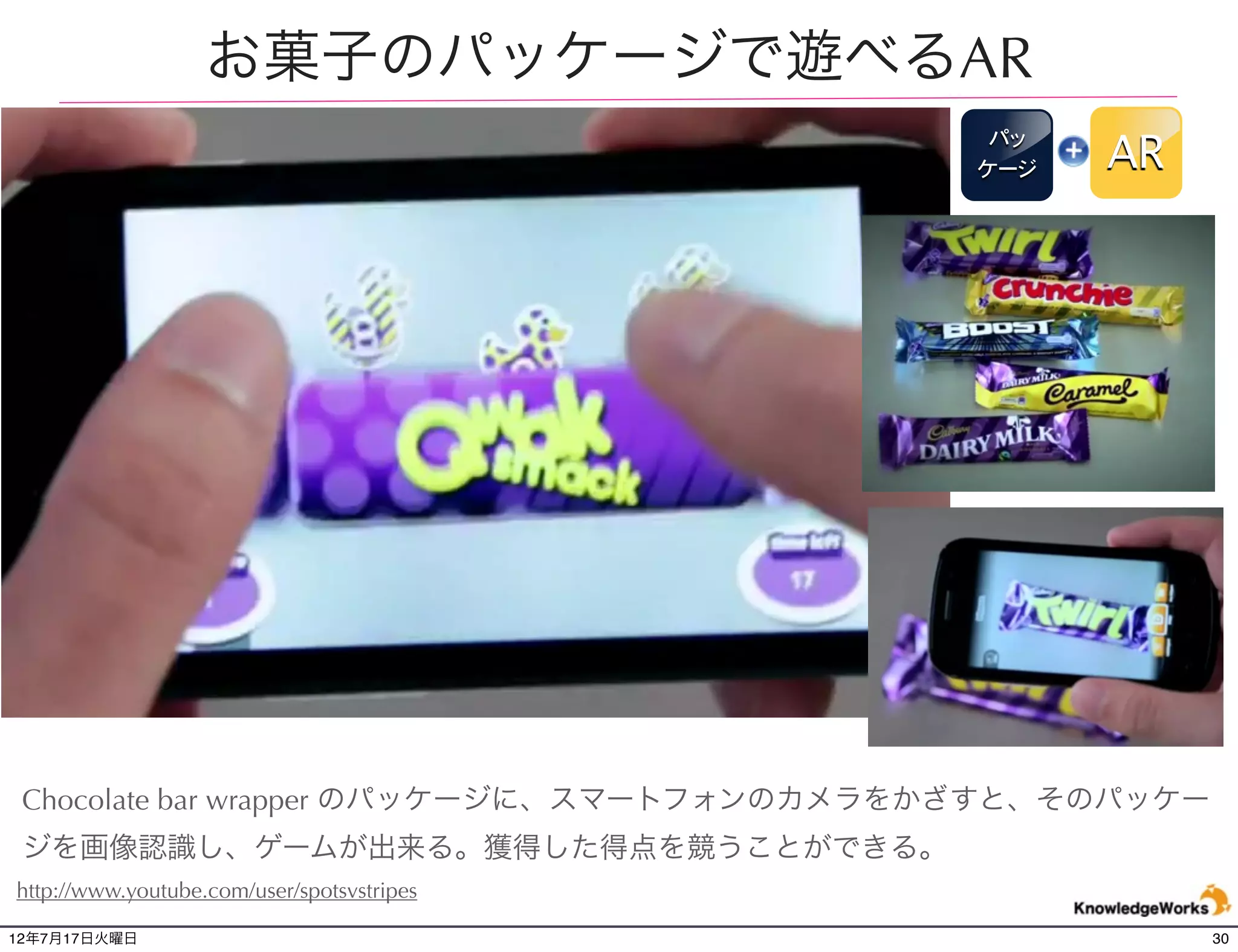紙コップからバレンタイン向けAR
                                                                      紙
                                                                     コップ
                                                                              AR




 http://www.youtube.com/watch?
 v=8nvqOzjq10w&feature=player_embedded




 世界中にチェーン店を持つスターバックスが、バレンタインの際に実施した、”ARStarbucks
 Cup Magic for Valentine's Day”というAR。紙コップのような曲目でも問題なく認識する。ス
 ターバックスは、世界的に様々なイベントでARを活用することで有名。
 ロシア(http://www.youtube.com/watch?v=DFfyw4kzPzE&feature=player_embedded)でもユニークなARを発見。
12年7月21日土曜日                                                                             30
 