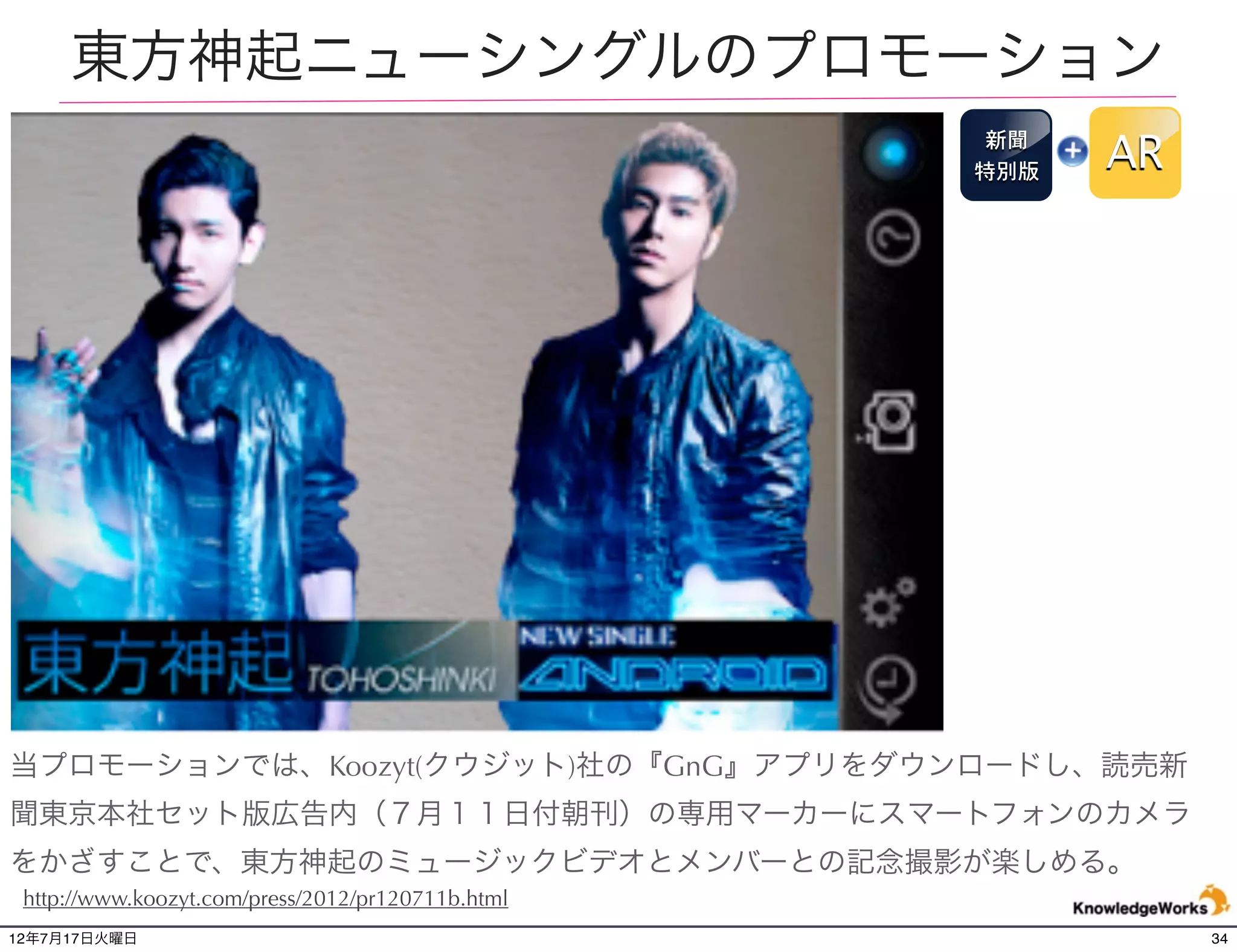 うちわから3DCGディズニーキャラクター
                                                             販促
                                                             うちわ
                                                                   AR




                                             スマホでうちわのマーカーを認識し、インタ
                                             ラクティブにキャラクターの操作ができる。
                                             撮影してSNSへ。DM012SH,DM011SH販売促
http://cp.dsp.disney.co.jp/cpn/2012summer/   進のためのキャンペーン。
12年7月21日土曜日                                                                34
 