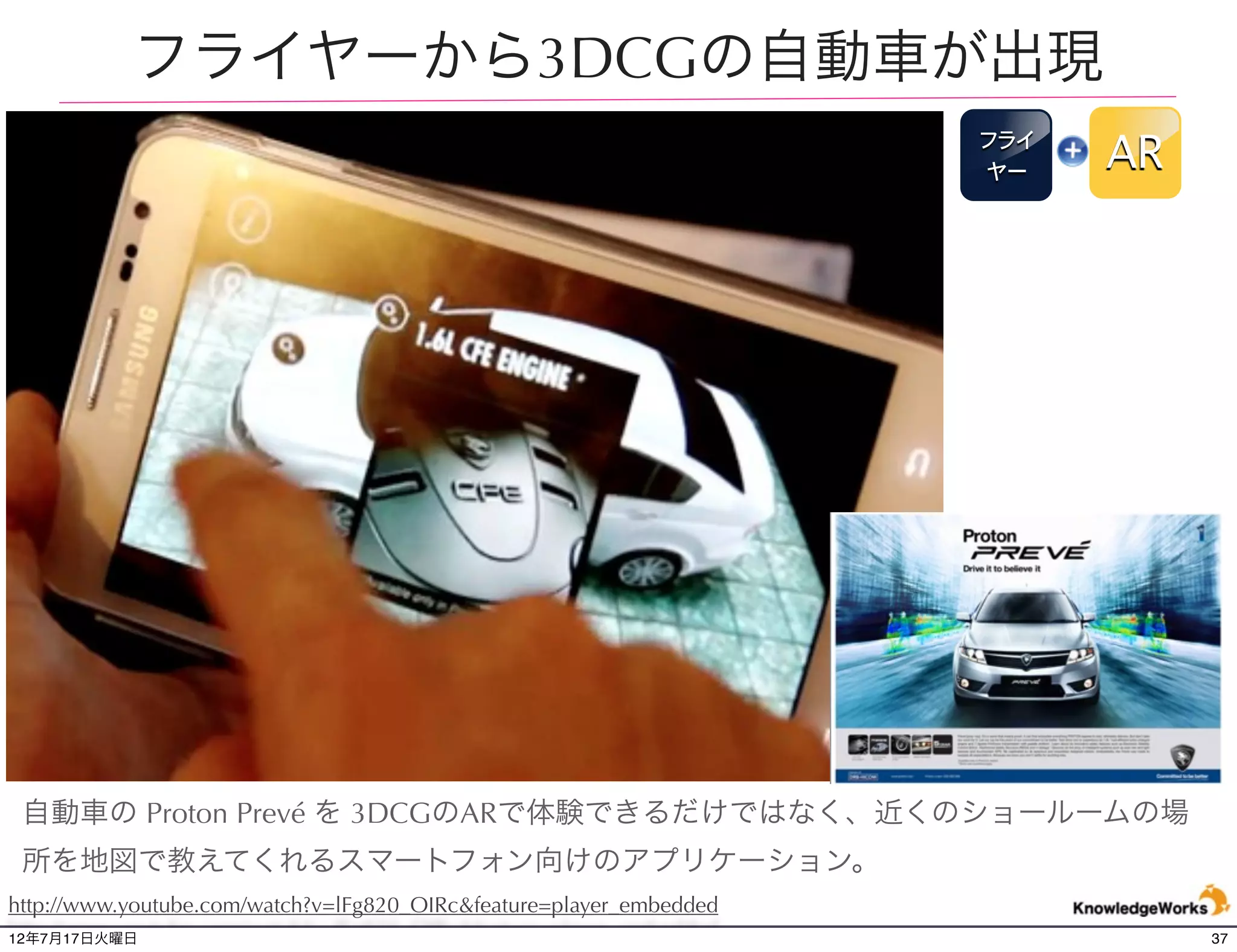 ビルボードからビートルが飛び出すAR
                                                                     ビル
                                                                     ボード   AR




 街中まで拡張するフォルックスワーゲンのプロモーション

http://www.youtube.com/watch?v=KRA0SZhKNyo&feature=player_embedded

12年7月21日土曜日                                                                     37
 