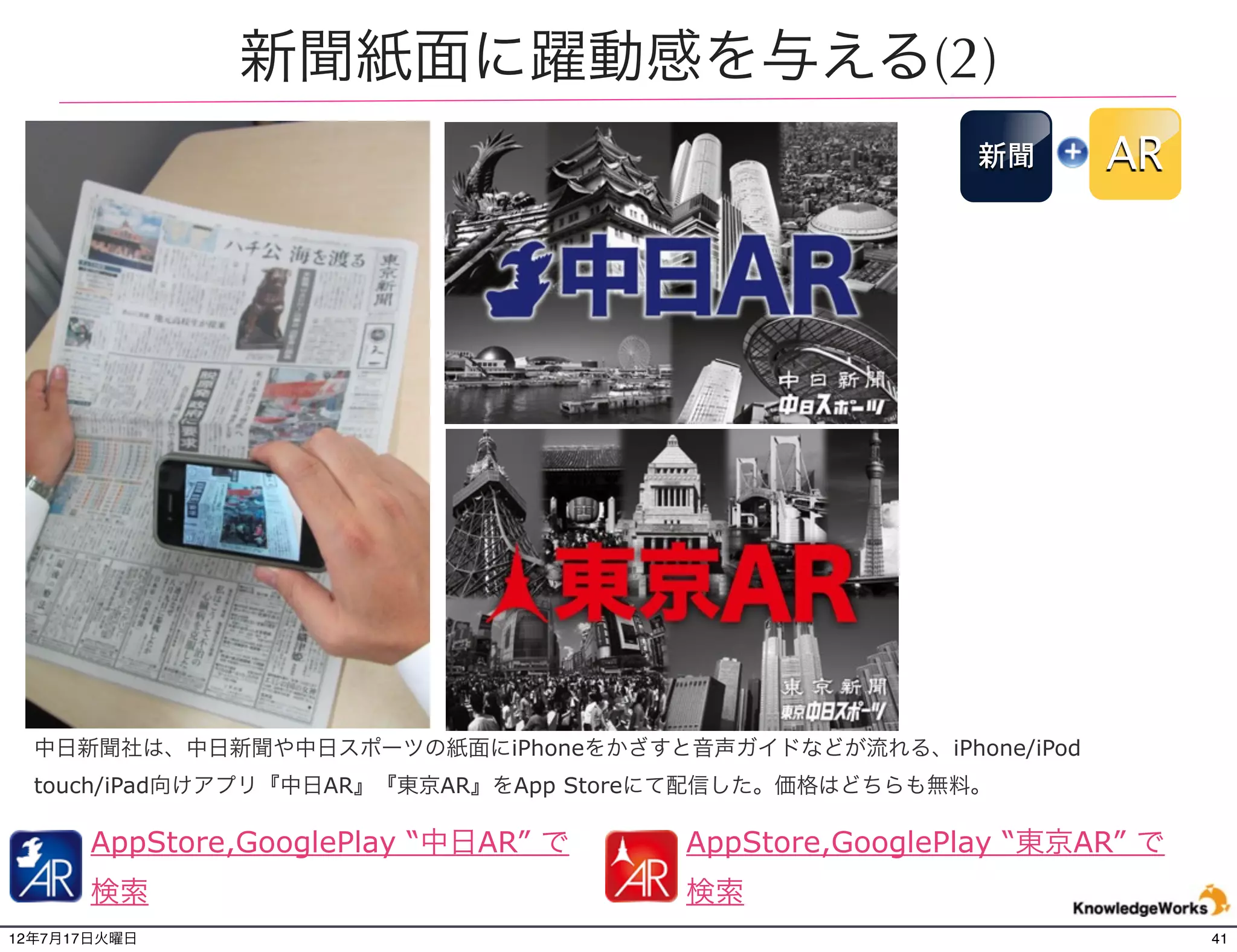 新聞紙面に躍動感を与える(3)
    京都新聞                                                                                新聞   AR




                                             京都新聞紙面の写真やイラストで動画が見られるＡＲ
                                             （拡張現実）を利用するためのアプリ。
                                             アプリを起動し「ＡＲ」マークのついた写真などを撮影
                                             すると、画面上で写真が動画になって動き出すAndroid
                                             専用アプリ。

        GooglePlay “京都新聞AR” で検索
        https://play.google.com/store/apps/details?id=jp.co.nttcom.imagebasedar.kyoto
12年7月21日土曜日                                                                                       41
 