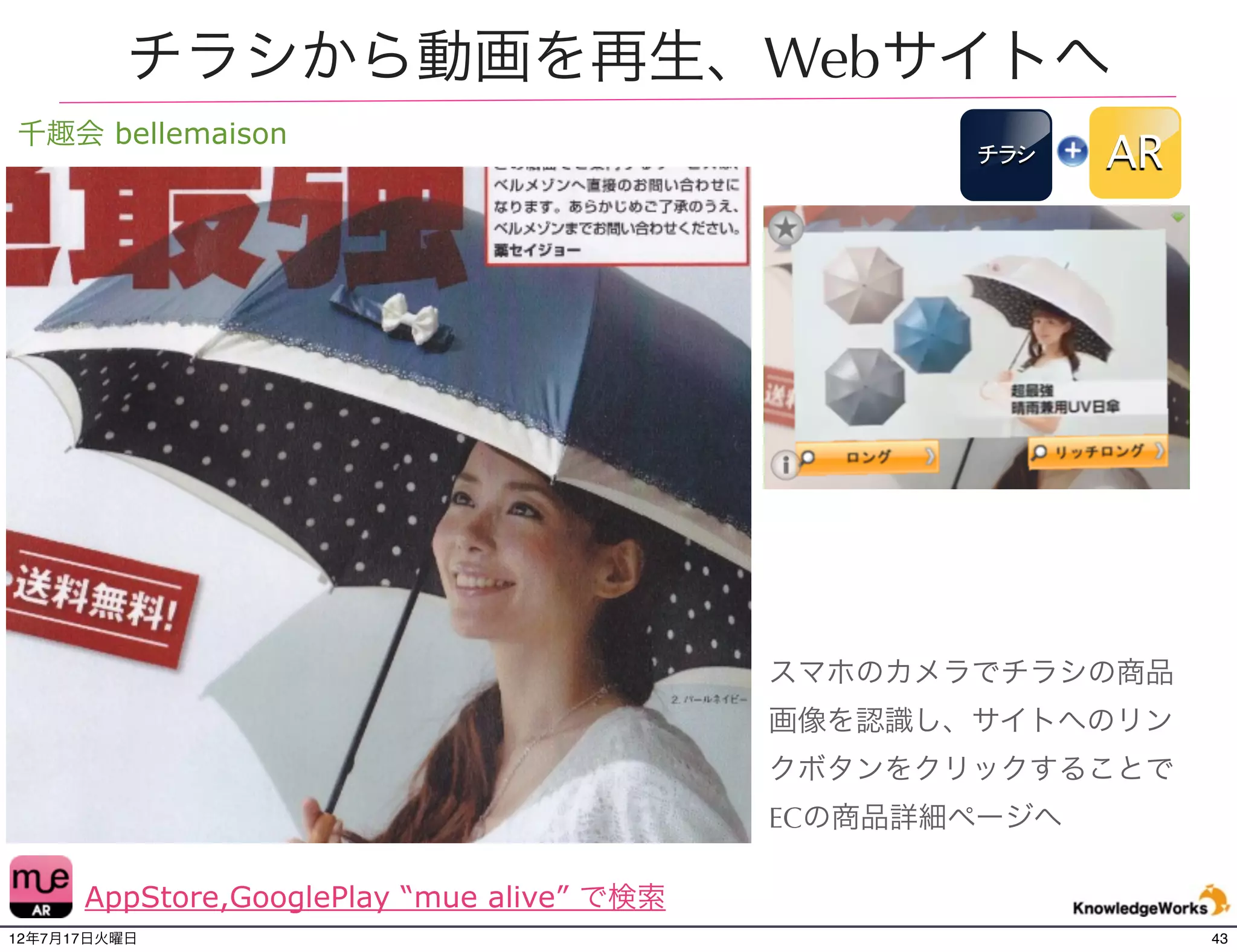 カタログからWebサイトへ
         ASOS Scan to Shop                                                                                               カタ
                                                                                                                         ログ
                                                                                                                              AR
                                                           INTRODUCING




                         SCAN TO
                           SHOP
                        Now you can shop ASOS Magazine with your mobile, plus check out
                              surprise extras whenever you see the smiley face logo




                                                                                    I T ’ S R E A L LY E A S Y

    *The app works
   on the iPhone 4,                                                      1) Download the ASOS


                                                                                                                   - ：
    iPhone 4S, iPad
     2, iPad 3, iPod                                                     Scan to Shop app [from the
       Touch [fourth
    generation] and                                                      App Store or Google Play].
   Android devices.

                                                                         2) Open the app and hold
                                                                         your device* over any page
                                                                         where you see the red logo.

                                                                         3) Make sure you can see the
                                                                         whole page. Hold steady and
         **When the                                                      wait for the links** to appear.
   links appear, tap
     one to shop the
       item or watch                                                     4) Tap a link to shop the item
   exclusive videos.
                                                                         immediately, or watch exclusive
                                                                         behind-the-scenes videos.

                                                                         Look out for the smiley face
                                                                         logo that links to surprise
                                                                         features... Enjoy!




                            You can download the                                             Or you can Scan
                           ASOS Scan to Shop                                                 to Shop with the
                           app from the App Store                                            Aurasma Lite app.
                                  or Google Play.                                            Both apps are FREE.



                                                    Scan to Shop   Aurasma Lite




  複数箇所にアプリ内ブラウザを起動するリンク設定が可能
  45万人の読者がいるカタログのasosが、スマートフォン向けARアプリをリリース。オフラインからオンライン(Webサイト)へ誘導し購入へ結びつける。


                       http://fashionandmash.wordpress.com/2012/05/04/asos-partners-with-aurasma-on-scan-to-shop-app/
12年7月21日土曜日                                                                                                                        43
 