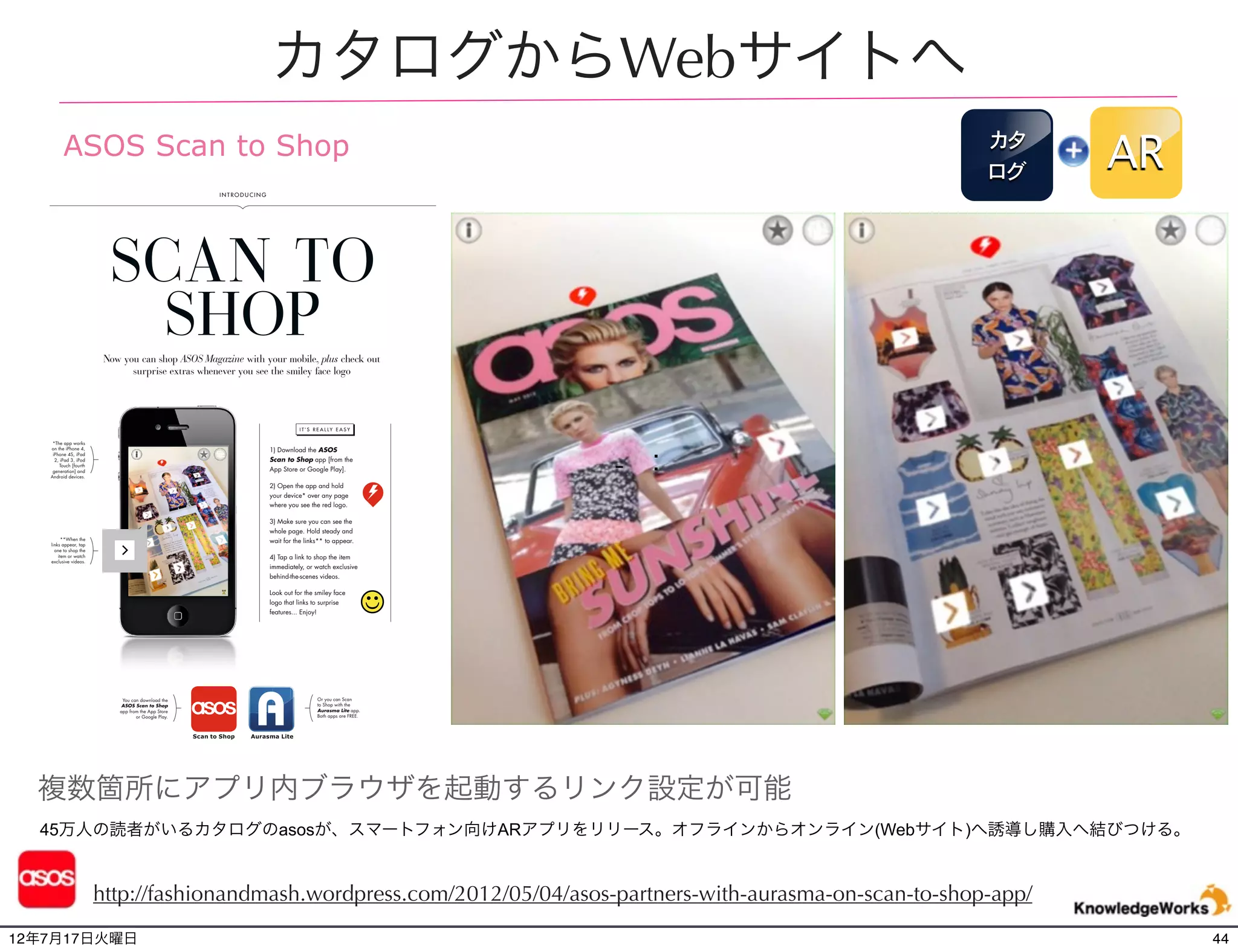 日本HPがAKB48を採用したPCのキャンペーン
                                                  雑誌
                                                        AR
                                                  トレー
                                                  ラー




今日のビックコミックオリジナルの背表紙からHP LovePC エバン
ジェリスト AKB48前田敦子さんのメッセージが見ることができ
る。トレーラー等の側面でもARが実現できる総合的なキャンペーン
が実施された。http://ascii.jp/elem/000/000/682/682141/



      AppStore,GooglePlay “aurasma” で検索
12年7月21日土曜日                                                  44
 