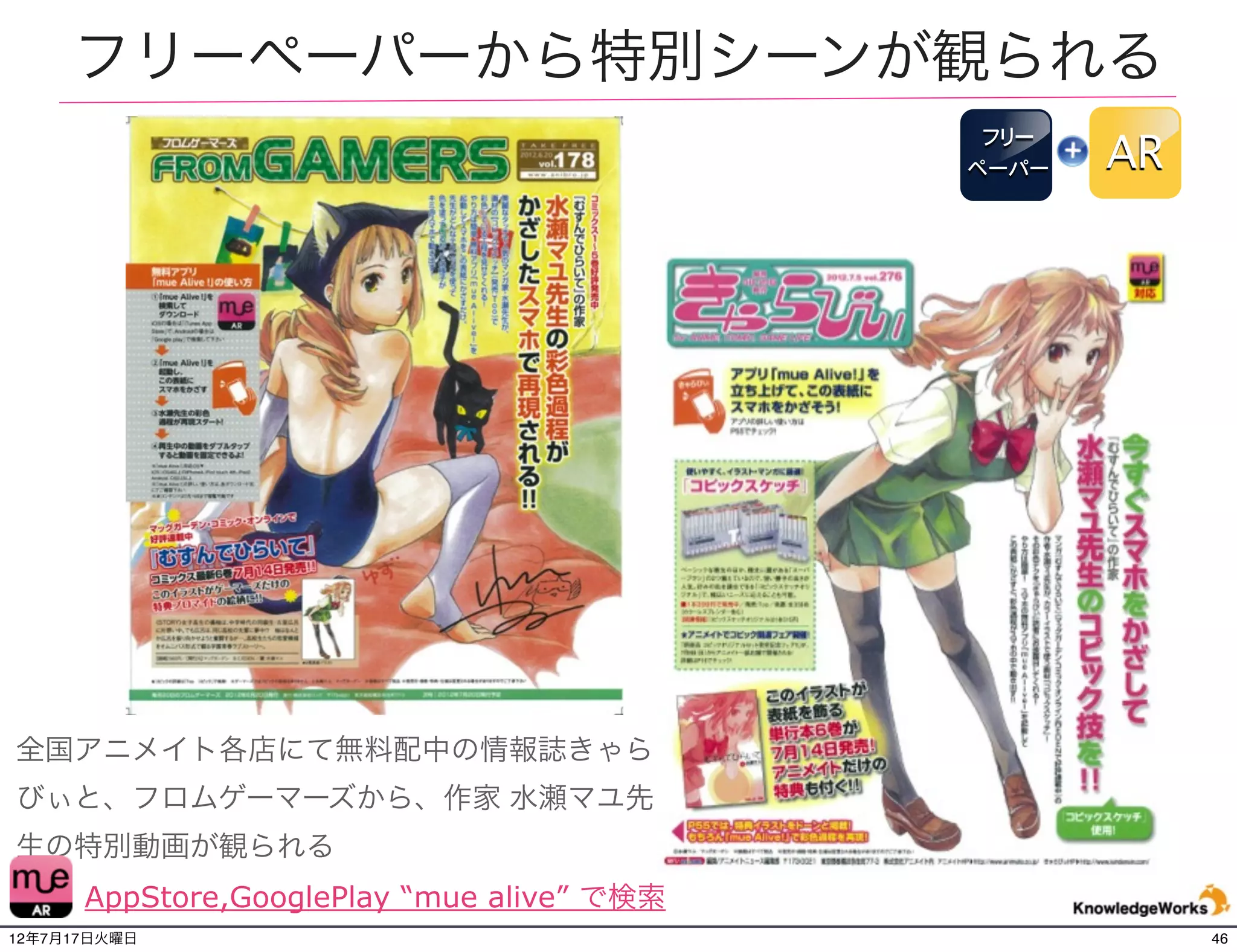 コミックからビデオ視聴/3D表示
    MARVEL AR                               コミ
                                            ック
                                                 AR




       米国のコミック マーベルがARを使用した紙面拡張

      AppStore,GooglePlay “marvel ar” で検索
12年7月21日土曜日                                           46
 