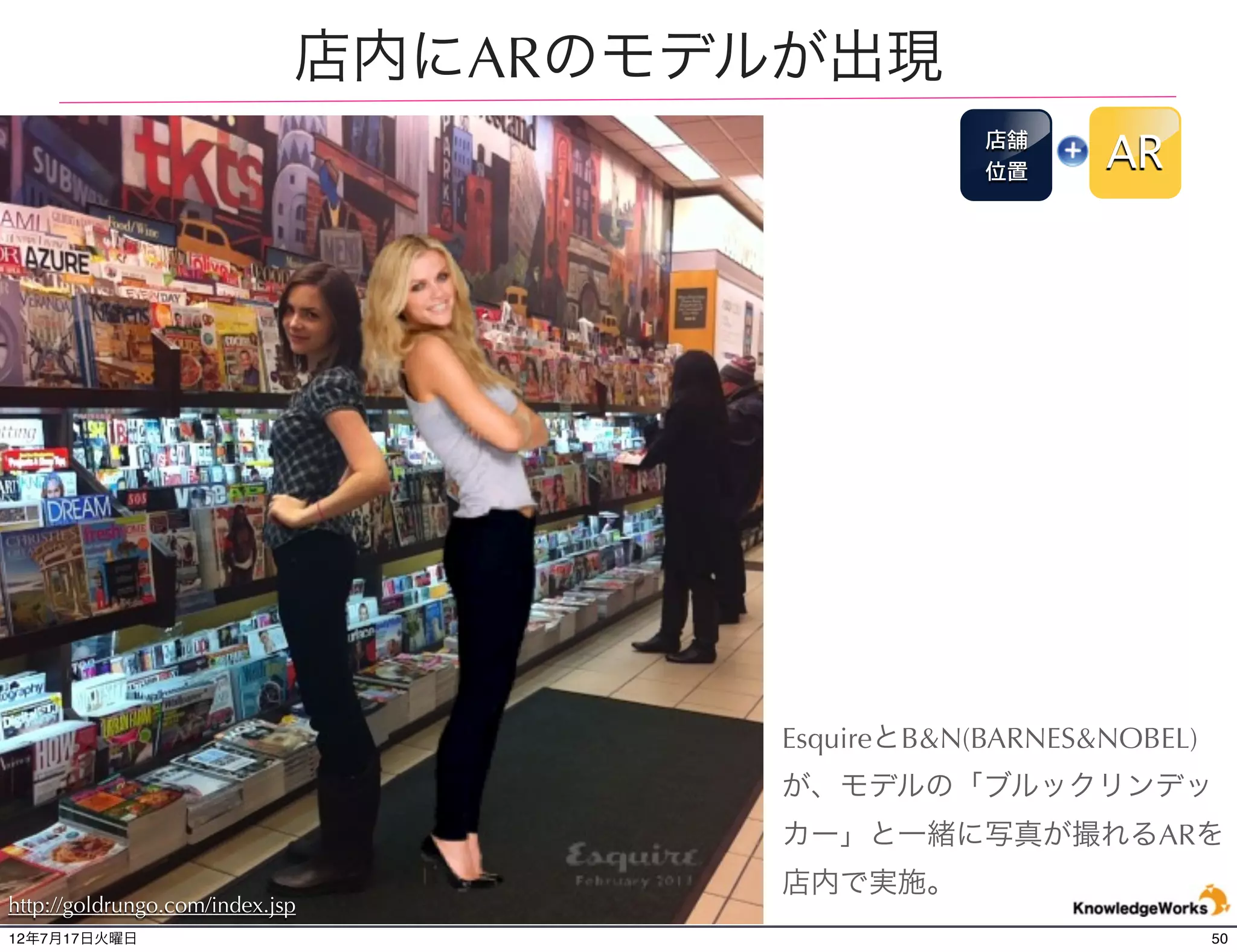 チラシでカートゲーム - American Express
                                  店舗
                                  位置
                                       AR




ローマとミラノのショッピングセンターで、ARを使用したキャンペーンを実施。最高スコアを
獲得すると、自分の上に様々な”着せ替えアイテム”を重ね、記念写真を撮ることができる。
http://goldrungo.com/index.jsp
12年7月21日土曜日                                  50
 