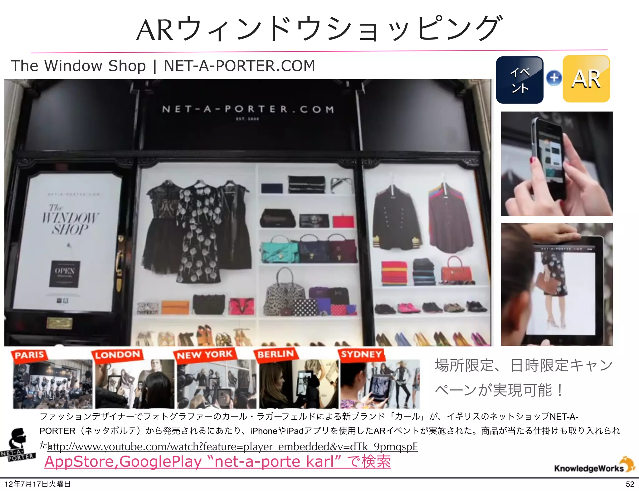 映画アベンジャーズが店舗連動AR
                                                                     映画
                                                                     店舗
                                                                          AR




マーベル・コミックと大手量販店ウォルマートが「アベンジャーズ」のプロモーションで店舗
内POPと連動したスマートフォン向けARアプリ「Super Hero AR」を提供。全米の3600店に展
開。
http://www.youtube.com/watch?v=dXpZ7niGgIY&feature=player_embedded

12年7月21日土曜日                                                                    52
 