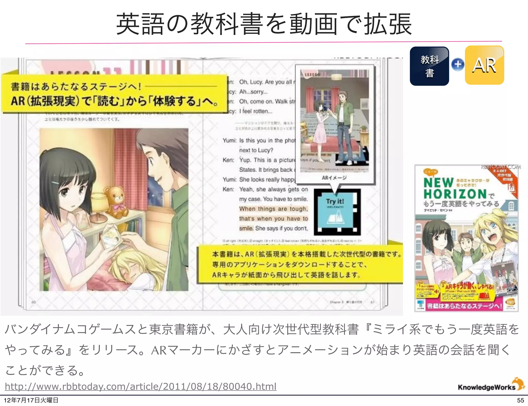 AR絵本:Dinosaurs Alive!
                                                     図鑑      AR




http://www.bookscomealive.co.uk/   25万部以上を販売   技術：Total Immersion
12年7月21日土曜日                                                         55
 