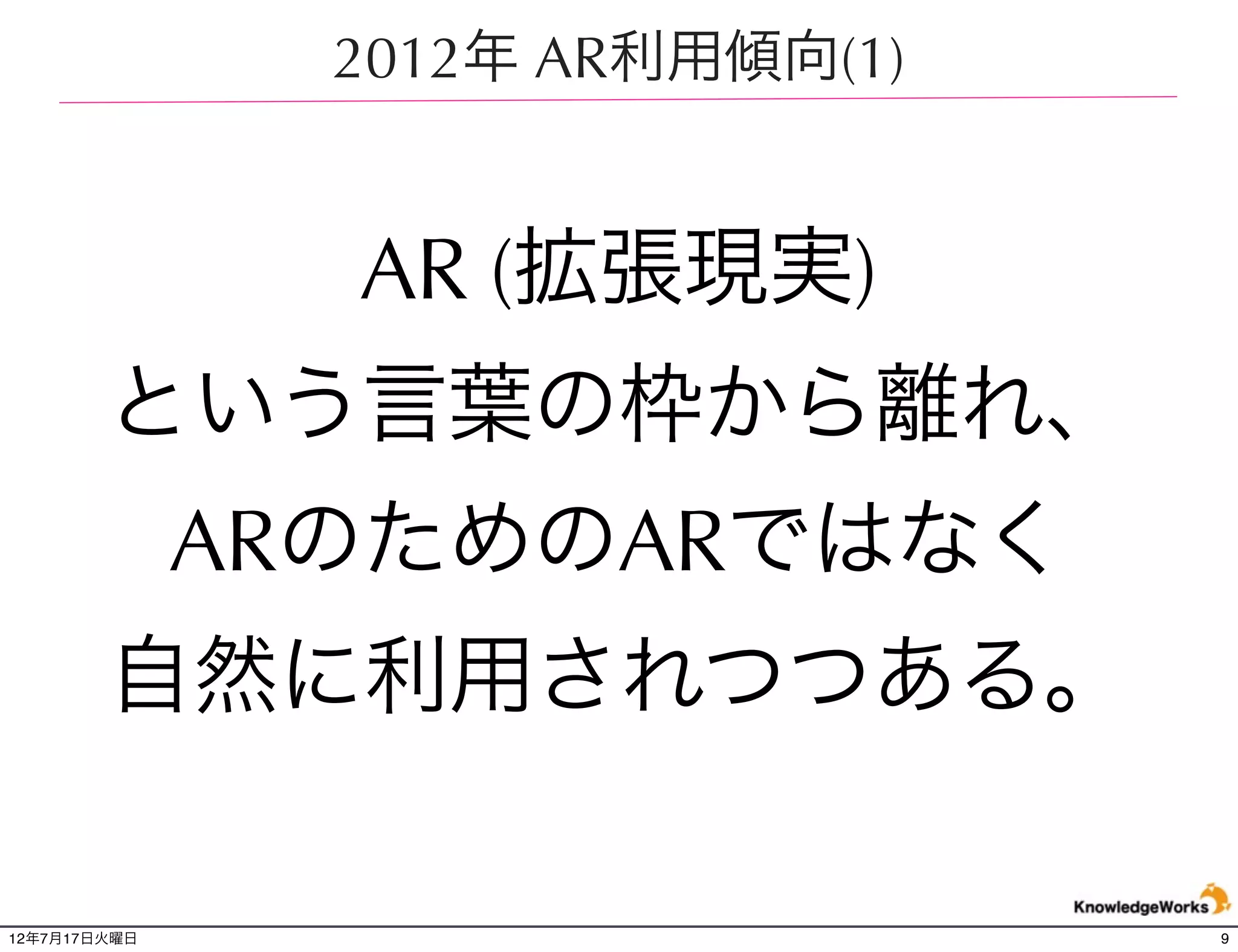 2012年 AR利用傾向(2)

              紙媒体を効果的に使用
                      ↓
                    O2O
              （Online to Offline）
              （Offline to Online）
                  相互に関係
12年7月21日土曜日                         9
 