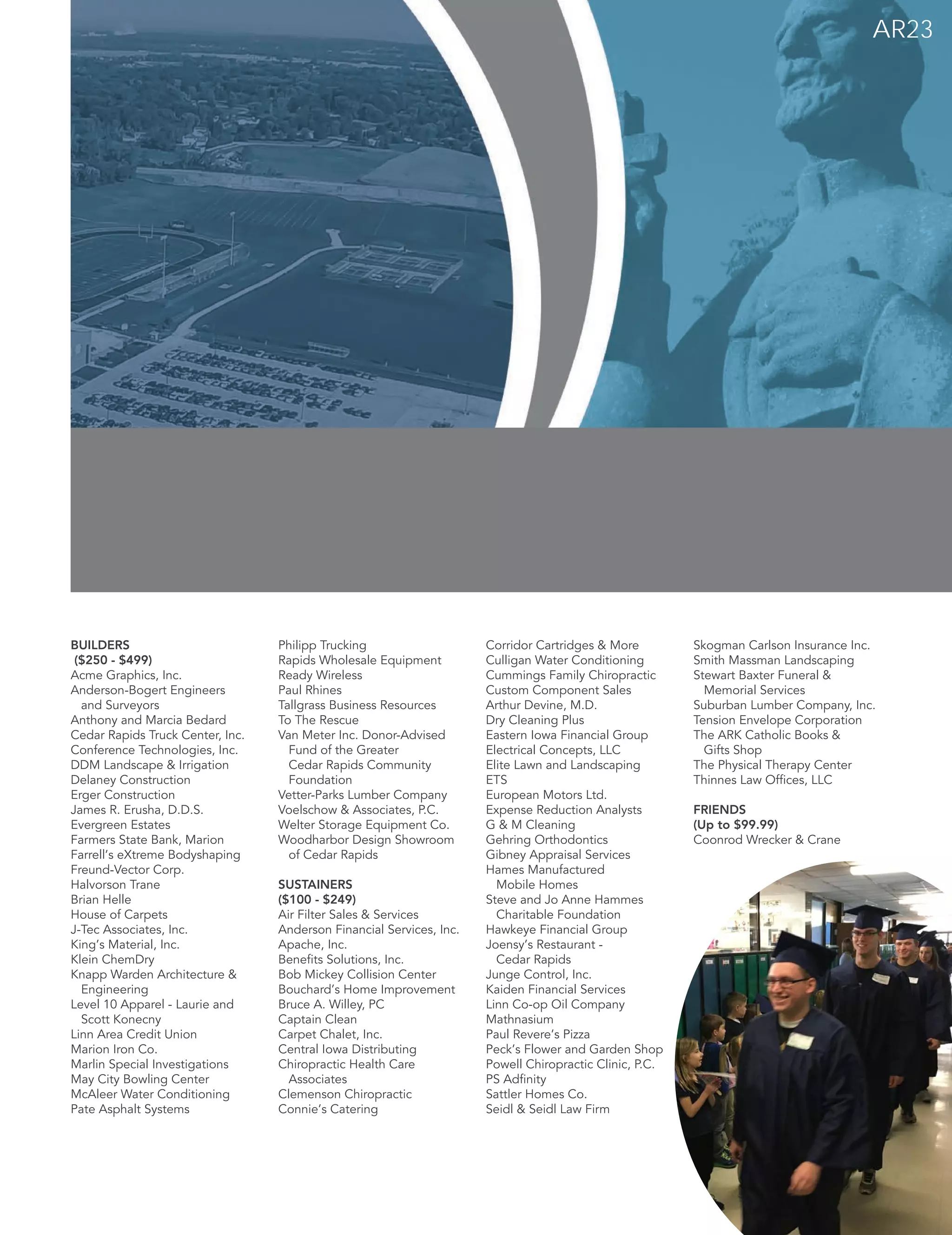 AR23
BUILDERS
($250 - $499)
Acme Graphics, Inc.
Anderson-Bogert Engineers
and Surveyors
Anthony and Marcia Bedard
Cedar Rapids Truck Center, Inc.
Conference Technologies, Inc.
DDM Landscape & Irrigation
Delaney Construction
Erger Construction
James R. Erusha, D.D.S.
Evergreen Estates
Farmers State Bank, Marion
Farrell’s eXtreme Bodyshaping
Freund-Vector Corp.
Halvorson Trane
Brian Helle
House of Carpets
J-Tec Associates, Inc.
King’s Material, Inc.
Klein ChemDry
Knapp Warden Architecture &
Engineering
Level 10 Apparel - Laurie and
Scott Konecny
Linn Area Credit Union
Marion Iron Co.
Marlin Special Investigations
May City Bowling Center
McAleer Water Conditioning
Pate Asphalt Systems
Philipp Trucking
Rapids Wholesale Equipment
Ready Wireless
Paul Rhines
Tallgrass Business Resources
To The Rescue
Van Meter Inc. Donor-Advised
Fund of the Greater
Cedar Rapids Community
Foundation
Vetter-Parks Lumber Company
Voelschow & Associates, P.C.
Welter Storage Equipment Co.
Woodharbor Design Showroom
of Cedar Rapids
SUSTAINERS
($100 - $249)
Air Filter Sales & Services
Anderson Financial Services, Inc.
Apache, Inc.
Benefits Solutions, Inc.
Bob Mickey Collision Center
Bouchard’s Home Improvement
Bruce A. Willey, PC
Captain Clean
Carpet Chalet, Inc.
Central Iowa Distributing
Chiropractic Health Care
Associates
Clemenson Chiropractic
Connie’s Catering
Corridor Cartridges & More
Culligan Water Conditioning
Cummings Family Chiropractic
Custom Component Sales
Arthur Devine, M.D.
Dry Cleaning Plus
Eastern Iowa Financial Group
Electrical Concepts, LLC
Elite Lawn and Landscaping
ETS
European Motors Ltd.
Expense Reduction Analysts
G & M Cleaning
Gehring Orthodontics
Gibney Appraisal Services
Hames Manufactured
Mobile Homes
Steve and Jo Anne Hammes
Charitable Foundation
Hawkeye Financial Group
Joensy’s Restaurant -
Cedar Rapids
Junge Control, Inc.
Kaiden Financial Services
Linn Co-op Oil Company
Mathnasium
Paul Revere’s Pizza
Peck’s Flower and Garden Shop
Powell Chiropractic Clinic, P.C.
PS Adfinity
Sattler Homes Co.
Seidl & Seidl Law Firm
Skogman Carlson Insurance Inc.
Smith Massman Landscaping
Stewart Baxter Funeral &
Memorial Services
Suburban Lumber Company, Inc.
Tension Envelope Corporation
The ARK Catholic Books &
Gifts Shop
The Physical Therapy Center
Thinnes Law Offices, LLC
FRIENDS
(Up to $99.99)
Coonrod Wrecker & Crane
				
			
AR23
 