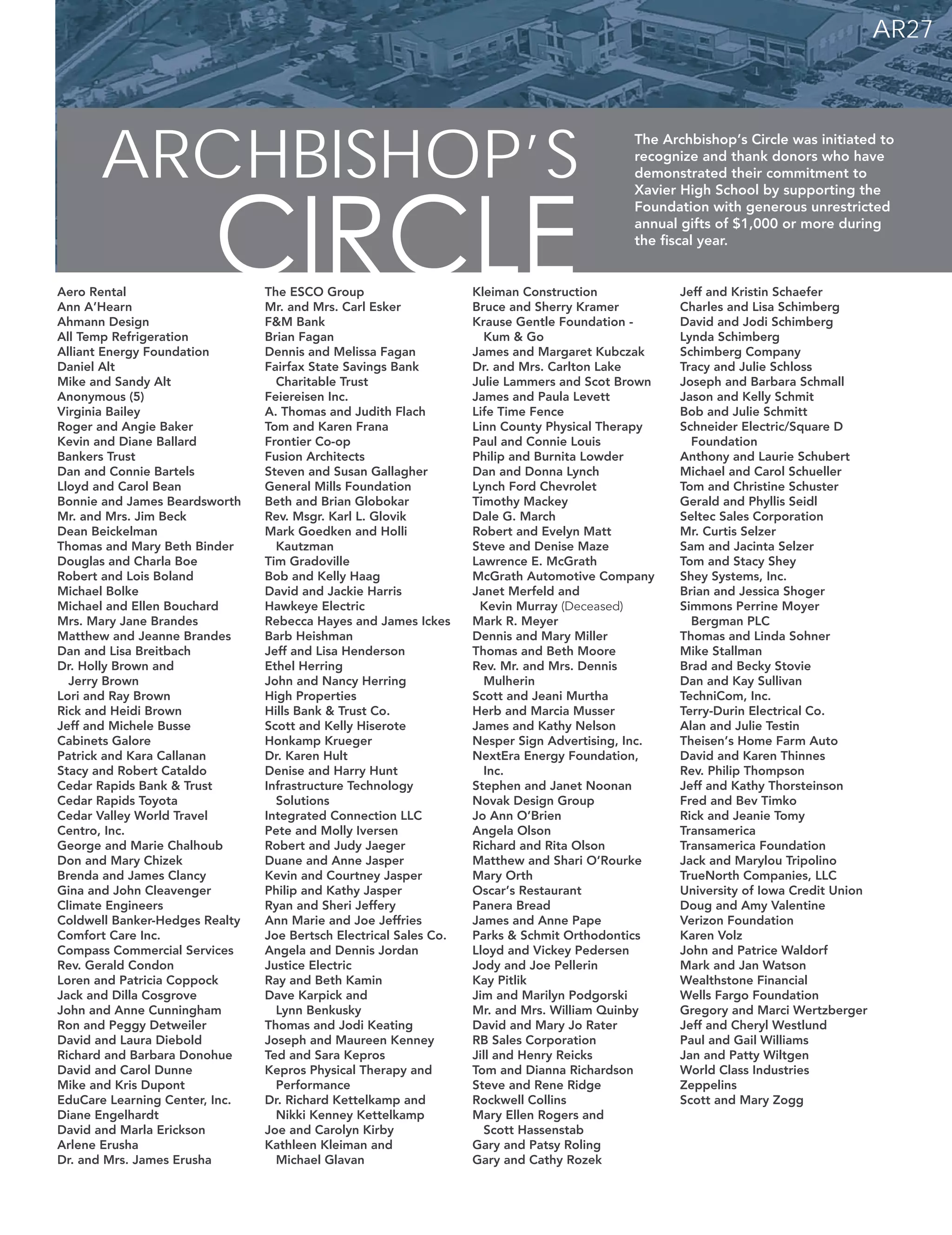 AR27
ARCHBISHOP’S
circleAero Rental
Ann A’Hearn
Ahmann Design
All Temp Refrigeration
Alliant Energy Foundation
Daniel Alt
Mike and Sandy Alt
Anonymous (5)
Virginia Bailey
Roger and Angie Baker
Kevin and Diane Ballard
Bankers Trust
Dan and Connie Bartels
Lloyd and Carol Bean
Bonnie and James Beardsworth
Mr. and Mrs. Jim Beck
Dean Beickelman
Thomas and Mary Beth Binder
Douglas and Charla Boe
Robert and Lois Boland
Michael Bolke
Michael and Ellen Bouchard
Mrs. Mary Jane Brandes
Matthew and Jeanne Brandes
Dan and Lisa Breitbach
Dr. Holly Brown and
Jerry Brown
Lori and Ray Brown
Rick and Heidi Brown
Jeff and Michele Busse
Cabinets Galore
Patrick and Kara Callanan
Stacy and Robert Cataldo
Cedar Rapids Bank & Trust
Cedar Rapids Toyota
Cedar Valley World Travel
Centro, Inc.
George and Marie Chalhoub
Don and Mary Chizek
Brenda and James Clancy
Gina and John Cleavenger
Climate Engineers
Coldwell Banker-Hedges Realty
Comfort Care Inc.
Compass Commercial Services
Rev. Gerald Condon
Loren and Patricia Coppock
Jack and Dilla Cosgrove
John and Anne Cunningham
Ron and Peggy Detweiler
David and Laura Diebold
Richard and Barbara Donohue
David and Carol Dunne
Mike and Kris Dupont
EduCare Learning Center, Inc.
Diane Engelhardt
David and Marla Erickson
Arlene Erusha
Dr. and Mrs. James Erusha
The ESCO Group
Mr. and Mrs. Carl Esker
F&M Bank
Brian Fagan
Dennis and Melissa Fagan
Fairfax State Savings Bank
Charitable Trust
Feiereisen Inc.
A. Thomas and Judith Flach
Tom and Karen Frana
Frontier Co-op
Fusion Architects
Steven and Susan Gallagher
General Mills Foundation
Beth and Brian Globokar
Rev. Msgr. Karl L. Glovik
Mark Goedken and Holli
Kautzman
Tim Gradoville
Bob and Kelly Haag
David and Jackie Harris
Hawkeye Electric
Rebecca Hayes and James Ickes
Barb Heishman
Jeff and Lisa Henderson
Ethel Herring
John and Nancy Herring
High Properties
Hills Bank & Trust Co.
Scott and Kelly Hiserote
Honkamp Krueger
Dr. Karen Hult
Denise and Harry Hunt
Infrastructure Technology
Solutions
Integrated Connection LLC
Pete and Molly Iversen
Robert and Judy Jaeger
Duane and Anne Jasper
Kevin and Courtney Jasper
Philip and Kathy Jasper
Ryan and Sheri Jeffery
Ann Marie and Joe Jeffries
Joe Bertsch Electrical Sales Co.
Angela and Dennis Jordan
Justice Electric
Ray and Beth Kamin
Dave Karpick and
Lynn Benkusky
Thomas and Jodi Keating
Joseph and Maureen Kenney
Ted and Sara Kepros
Kepros Physical Therapy and
Performance
Dr. Richard Kettelkamp and
Nikki Kenney Kettelkamp
Joe and Carolyn Kirby
Kathleen Kleiman and
Michael Glavan
Kleiman Construction
Bruce and Sherry Kramer
Krause Gentle Foundation -
Kum & Go
James and Margaret Kubczak
Dr. and Mrs. Carlton Lake
Julie Lammers and Scot Brown
James and Paula Levett
Life Time Fence
Linn County Physical Therapy
Paul and Connie Louis
Philip and Burnita Lowder
Dan and Donna Lynch
Lynch Ford Chevrolet
Timothy Mackey
Dale G. March
Robert and Evelyn Matt
Steve and Denise Maze
Lawrence E. McGrath
McGrath Automotive Company
Janet Merfeld and
Kevin Murray (Deceased)
Mark R. Meyer
Dennis and Mary Miller
Thomas and Beth Moore
Rev. Mr. and Mrs. Dennis
Mulherin
Scott and Jeani Murtha
Herb and Marcia Musser
James and Kathy Nelson
Nesper Sign Advertising, Inc.
NextEra Energy Foundation,
Inc.
Stephen and Janet Noonan
Novak Design Group
Jo Ann O’Brien
Angela Olson
Richard and Rita Olson
Matthew and Shari O’Rourke
Mary Orth
Oscar’s Restaurant
Panera Bread
James and Anne Pape
Parks & Schmit Orthodontics
Lloyd and Vickey Pedersen
Jody and Joe Pellerin
Kay Pitlik
Jim and Marilyn Podgorski
Mr. and Mrs. William Quinby
David and Mary Jo Rater
RB Sales Corporation
Jill and Henry Reicks
Tom and Dianna Richardson
Steve and Rene Ridge
Rockwell Collins
Mary Ellen Rogers and
Scott Hassenstab
Gary and Patsy Roling
Gary and Cathy Rozek
Jeff and Kristin Schaefer
Charles and Lisa Schimberg
David and Jodi Schimberg
Lynda Schimberg
Schimberg Company
Tracy and Julie Schloss
Joseph and Barbara Schmall
Jason and Kelly Schmit
Bob and Julie Schmitt
Schneider Electric/Square D
Foundation
Anthony and Laurie Schubert
Michael and Carol Schueller
Tom and Christine Schuster
Gerald and Phyllis Seidl
Seltec Sales Corporation
Mr. Curtis Selzer
Sam and Jacinta Selzer
Tom and Stacy Shey
Shey Systems, Inc.
Brian and Jessica Shoger
Simmons Perrine Moyer
Bergman PLC
Thomas and Linda Sohner
Mike Stallman
Brad and Becky Stovie
Dan and Kay Sullivan
TechniCom, Inc.
Terry-Durin Electrical Co.
Alan and Julie Testin
Theisen’s Home Farm Auto
David and Karen Thinnes
Rev. Philip Thompson
Jeff and Kathy Thorsteinson
Fred and Bev Timko
Rick and Jeanie Tomy
Transamerica
Transamerica Foundation
Jack and Marylou Tripolino
TrueNorth Companies, LLC
University of Iowa Credit Union
Doug and Amy Valentine
Verizon Foundation
Karen Volz
John and Patrice Waldorf
Mark and Jan Watson
Wealthstone Financial
Wells Fargo Foundation
Gregory and Marci Wertzberger
Jeff and Cheryl Westlund
Paul and Gail Williams
Jan and Patty Wiltgen
World Class Industries
Zeppelins
Scott and Mary Zogg
The Archbishop’s Circle was initiated to
recognize and thank donors who have
demonstrated their commitment to
Xavier High School by supporting the
Foundation with generous unrestricted
annual gifts of $1,000 or more during
the fiscal year.
AR27
 