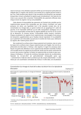 14 Rapport économique annuel 2018
raison en est que, si les utilisateurs peuvent vérifier qu’une transaction particulière est
intégrée dans un registre, des versions concurrentes de ce registre peuvent exister à
leur insu. Cette situation peut aboutir à des annulations de transaction, par exemple
lorsque deux mineurs actualisent le registre quasi-simultanément. Une seule de ces
mises à jour pouvant être conservée, l’irrévocabilité des paiements effectués dans
chaque version du registre n’est qu’une probabilité.
Cette absence d’irrévocabilité des paiements est d'autant plus sensible que les
cryptomonnaies peuvent être manipulées par des mineurs contrôlant une vaste
puissance de calcul, une hypothèse tout à fait plausible compte tenu de la
concentration du minage dans un grand nombre de cas (graphique V.7, cadre de
gauche). Il est impossible d’affirmer qu’une telle manipulation stratégique est en
cours car le responsable ne ferait état du registre (falsifié) qu’une fois sûr du succès
de sa démarche. En d'autres termes, l’irrévocabilité restera toujours incertaine.
Chaque actualisation du registre d’une cryptomonnaie s’accompagne d’une preuve
de transaction supplémentaire qu’un fraudeur devrait reproduire. Si la probabilité
qu’un paiement soit irrévocable s’accroît avec le nombre de mises à jour ultérieures
du registre, elle n’atteint jamais 100 %26
.
Non seulement la confiance dans chaque paiement est incertaine, mais en outre
les bases de la confiance dans chaque cryptomonnaie sont fragiles. Ceci est dû au
phénomène de bifurcation (« forking ») des registres. Il s’agit d’un processus dans
lequel une partie des détenteurs d’une cryptomonnaie décident ensemble d’utiliser
une nouvelle version du registre et du protocole, tandis que les autres continuent de
se servir de la version originale. Ce faisant, la cryptomonnaie se scinde en deux sous-
réseaux d’utilisateurs. S’il existe de nombreux exemples récents de ce phénomène,
l’épisode du 11 mars 2013 est particulièrement remarquable parce que
– contrairement à l’idée de créer la confiance par des moyens décentralisé – il a été
résolu par une coordination centralisée des mineurs. À cette date, une actualisation
Concentration du minage et chute de la valeur du bitcoin lors d’un épisode de
bifurcation Graphique V.7
Dans toutes les cryptomonnaies, le minage est fortement
concentré1
Chute de la valeur du bitcoin durant un épisode de
bifurcation en 20132
En % Dollar
1
Données sur les principaux groupes de minage au 28 mai 2018. 2
Évolution du cours du Bitcoin lors de l’épisode de bifurcation des 11 et
12 mars 2013.
Sources : www.btc.com ; www.cash.coin.dance ; CoinDesk ; www.etherchain.org ; www.litecoinpool.org.
 