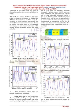 Reza Khodadadi, Mir Ali Ghasemi, Hamed Alipour Banaee / International Journal of
        Engineering Research and Applications (IJERA) ISSN: 2248-9622 www.ijera.com
                     Vol. 2, Issue 6, November- December 2012, pp.272-276
Explanation: In each above levels, the effect of            put in 251th layer (as mentioned, discussing
distance increase between two consecutive layers is         structure is a periodic structure with 500 layers that
studied.                                                    are in symmetrical form, from left to right, with one
                                                            pair of crystal Silicon and Germanium. We use a
First level: In a periodic structure of 500 layers          pair of air distance (defect) instead of a pair of
created by Silicon and Germanium, the characteristic        crystal Si and Ge in 251th layer, the layers after 252,
of filter is observed without any defect as Fig. 2 .        in inverse are from Si and Ge crystals pairs orderly.
According to above conditions, we duplicate the             Layers number in this condition is 501). Then we
distance between two consecutive layers and observe         use five pairs of air layers to analyze the effect of air
the effect of it on output in Fig. 3 . By comparing         distance increase. Filter characteristic will be as 5
two images, we can realize that layers width                and 6 Figs.
increase, decrease the amount of filter band width
noticeably.




                                                            Fig. 4. Periodic structure of 501 layers with defect




Fig. 2. Filter Characteristic without defect (air
distance)




                                                            Fig. 5. Filter characteristic with a pair of air distance
                                                            layer




Fig. 3. Filter characteristic without defect (air
distance) by duplicating layers width

         Second level: Now we study the structure
of designed filter band by having defect (air
distance). In order to enforce defect in 500 layers         Fig. 6. Filter characteristic with five pairs of air
structure, according to Fig. 4, a pair of air distance is   distance layer



                                                                                                     274 | P a g e
 