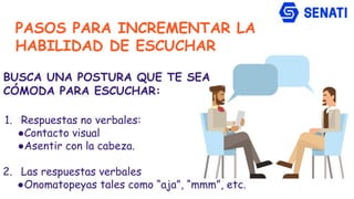 PASOS PARA INCREMENTAR LA
HABILIDAD DE ESCUCHAR
BUSCA UNA POSTURA QUE TE SEA
CÓMODA PARA ESCUCHAR:
1. Respuestas no verbales:
●Contacto visual
●Asentir con la cabeza.
2. Las respuestas verbales
●Onomatopeyas tales como “aja”, “mmm”, etc.
 