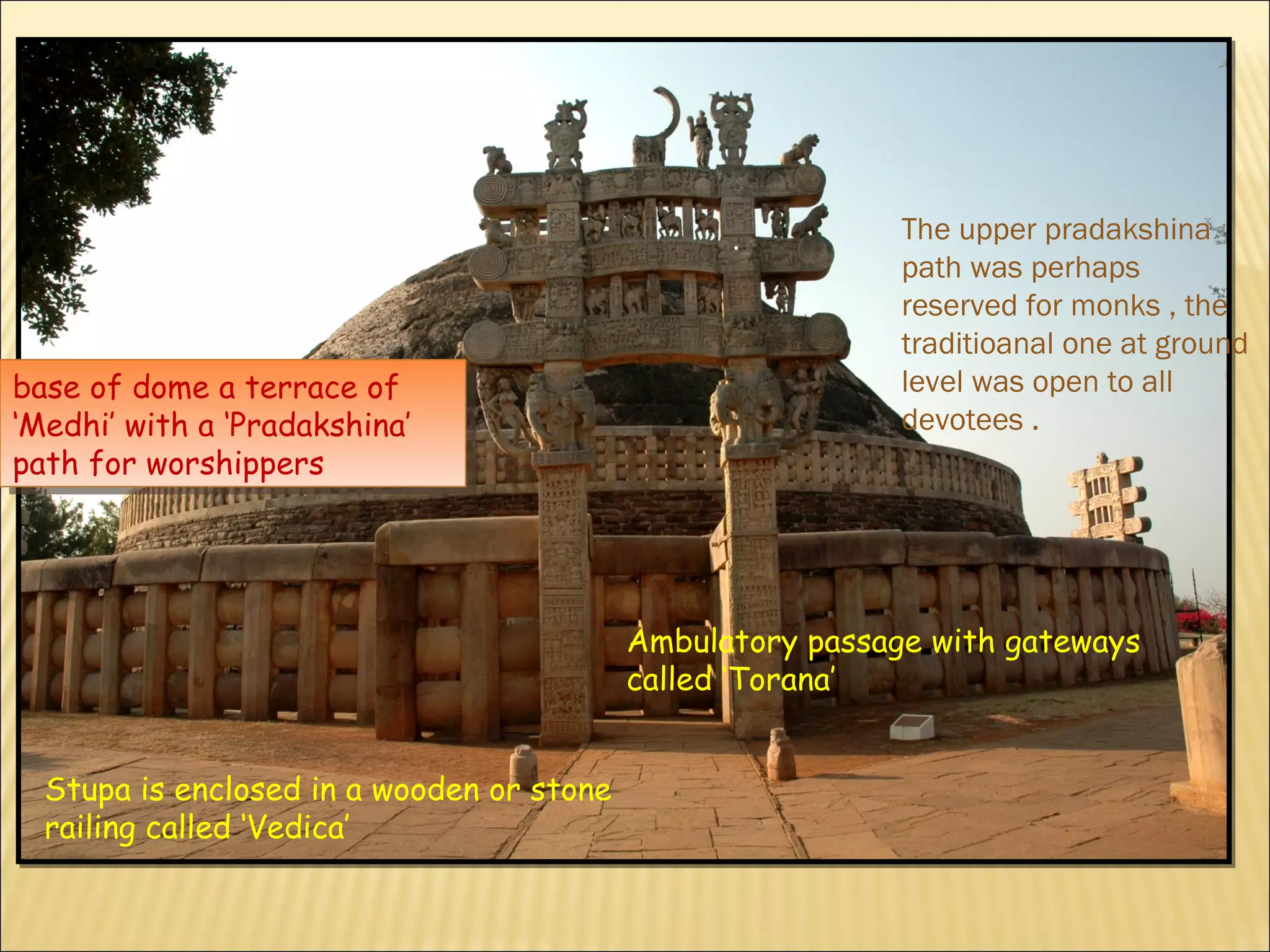 .          The upper pradakshina
                                                            path was perhaps
                                                            reserved for monks , the
                                                            traditioanal one at ground
base of dome aaterrace of
 base of dome terrace of                                    level was open to all
‘Medhi’ with aa‘Pradakshina’
 ‘Medhi’ with ‘Pradakshina’                                 devotees .
path for worshippers
 path for worshippers




                                           Ambulatory passage with gateways
                                           called ‘Torana’


  Stupa is enclosed in a wooden or stone
  railing called ‘Vedica’
 