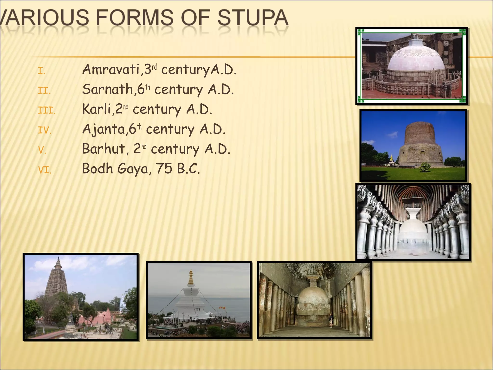 I.     Amravati,3rd centuryA.D.
II.    Sarnath,6th century A.D.
III.   Karli,2nd century A.D.
IV.    Ajanta,6th century A.D.
V.     Barhut, 2nd century A.D.
VI.    Bodh Gaya, 75 B.C.
 