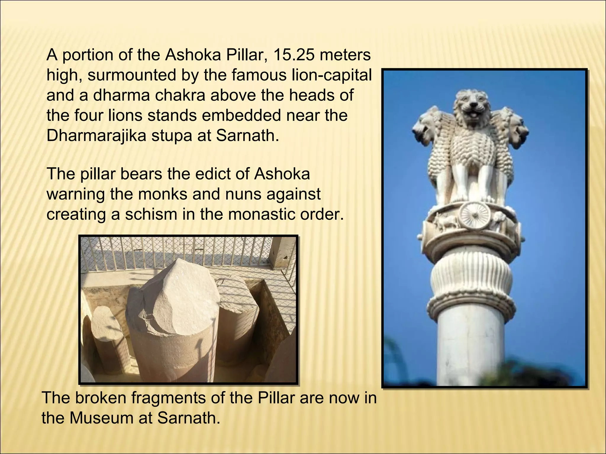 A portion of the Ashoka Pillar, 15.25 meters
high, surmounted by the famous lion-capital
and a dharma chakra above the heads of
the four lions stands embedded near the
Dharmarajika stupa at Sarnath.

The pillar bears the edict of Ashoka
warning the monks and nuns against
creating a schism in the monastic order.




The broken fragments of the Pillar are now in
the Museum at Sarnath.
 