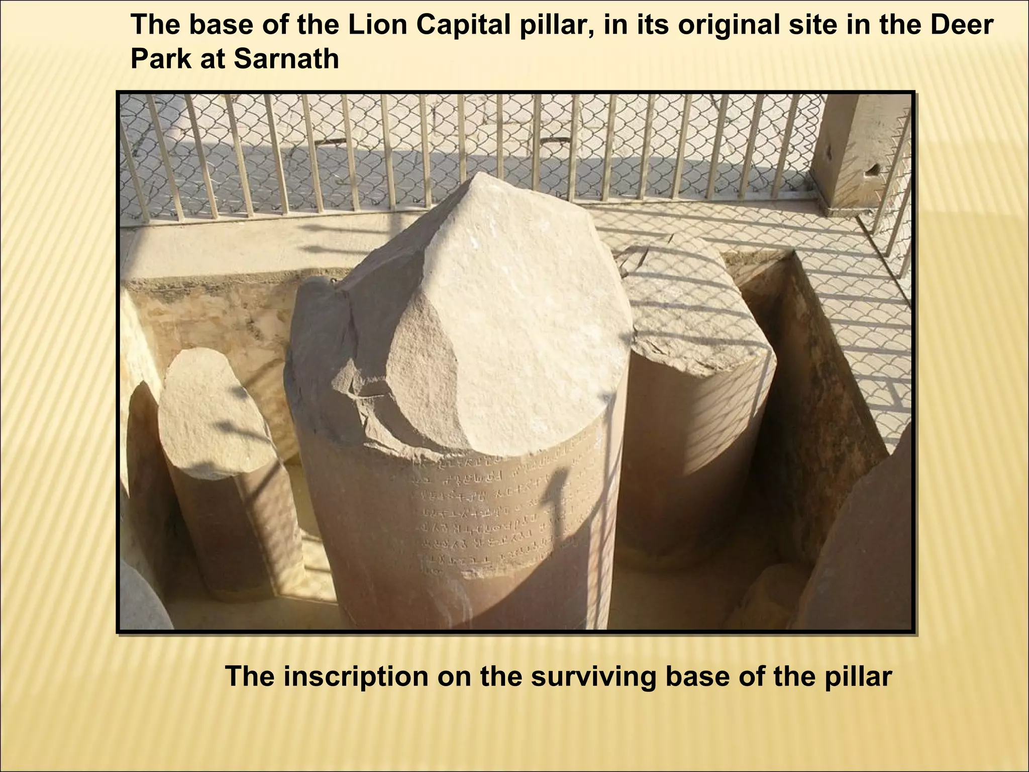The base of the Lion Capital pillar, in its original site in the Deer
Park at Sarnath




       The inscription on the surviving base of the pillar
 