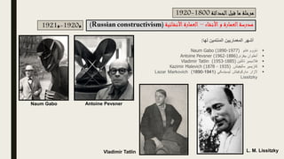 ‫أشهر‬
‫المعماريين‬
‫المنتمين‬
‫ل‬
‫ها‬
:
‫الحداثة‬‫قبل‬ ‫ما‬ ‫مرحلة‬
1800
-
1920
‫األنشاء‬‫و‬ ‫العمارة‬‫مدرسة‬
–
‫األنشائية‬‫العمارة‬
(
)
‫م‬
1920
-
‫م‬
1921
▪
‫ناووم‬
‫غابو‬
Naum Gabo (1890-1977)
▪
‫أنطوان‬
‫بيفزنر‬
(1962-1886)
Antoine Pevsner
▪
‫فالديمير‬
‫تاتلين‬
(1953-1885)
Vladimir Tatlin
▪
‫كازيمير‬
‫ماليفيتش‬
Kazimir Malevich (1878 - 1935)
▪
‫الزار‬
‫ماركوفيتش‬
‫ليسيتسكي‬
(1890-1941)
Lazar Markovich
Lissitzky
Naum Gabo Antoine Pevsner
Vladimir Tatlin L. M. Lissitzky
 