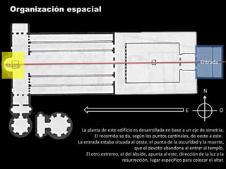 Organización espacial




                                                                               Entrada
Ábside



                                                                                 N


                                                                        E                O


                  La planta de este edificio es desarrollada en base a un eje de simetría.
                         El recorrido se da, según los puntos cardinales, de oeste a este.
                La entrada estaba situada al oeste, el punto de la oscuridad y la muerte,
                                              que el devoto abandona al entrar al templo.
                    El otro extremo, el del ábside, apunta al este, dirección de la luz y la
                                       resurrección, lugar específico para colocar el altar.
 