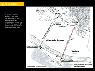 Eje de simetría


 • Al construirse este
   templo, tuvo una
   ubicación caprichosa,
   porque coincidía
   exactamente con el eje
   de simetría del Templo
   de Amón con el Nilo




                            Egipto Revelado, por Fernando Schwarz
 