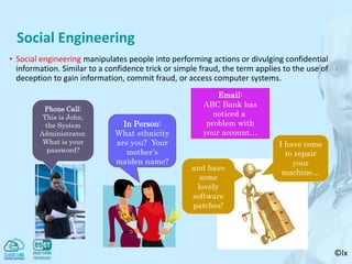 ©lx
Social Engineering
• Social engineering manipulates people into performing actions or divulging confidential
information. Similar to a confidence trick or simple fraud, the term applies to the use of
deception to gain information, commit fraud, or access computer systems.
Phone Call:
This is John,
the System
Administrator.
What is your
password?
Email:
ABC Bank has
noticed a
problem with
your account…
In Person:
What ethnicity
are you? Your
mother’s
maiden name?
and have
some
lovely
software
patches!
I have come
to repair
your
machine…
 