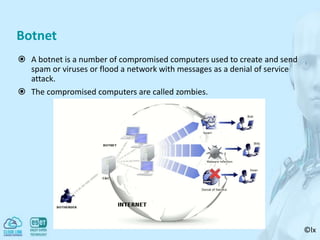 ©lx
Botnet
 A botnet is a number of compromised computers used to create and send
spam or viruses or flood a network with messages as a denial of service
attack.
 The compromised computers are called zombies.
 