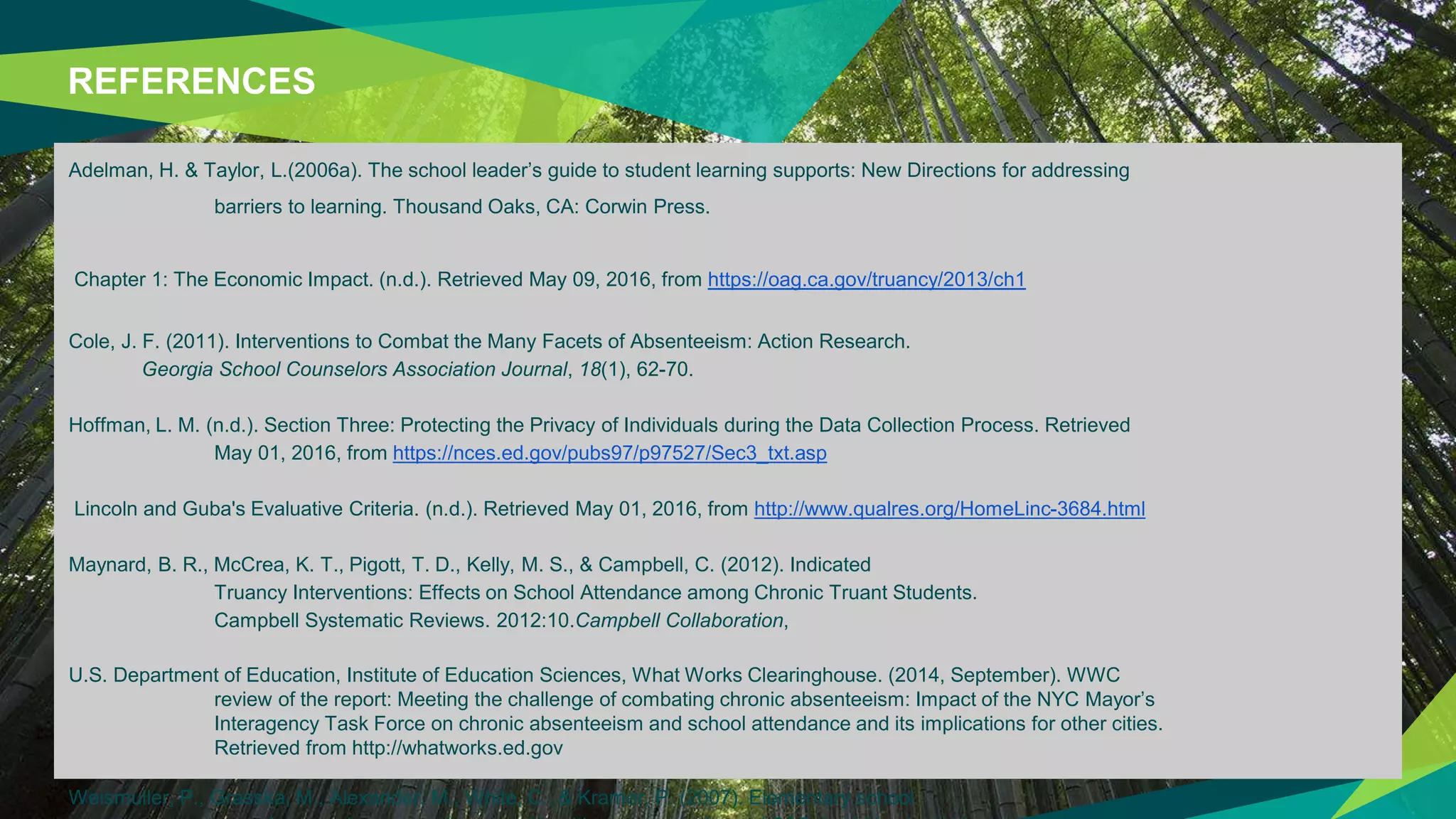 REFERENCES
Adelman, H. & Taylor, L.(2006a). The school leader’s guide to student learning supports: New Directions for addressing
barriers to learning. Thousand Oaks, CA: Corwin Press.
Chapter 1: The Economic Impact. (n.d.). Retrieved May 09, 2016, from https://oag.ca.gov/truancy/2013/ch1
Cole, J. F. (2011). Interventions to Combat the Many Facets of Absenteeism: Action Research.
Georgia School Counselors Association Journal, 18(1), 62-70.
Hoffman, L. M. (n.d.). Section Three: Protecting the Privacy of Individuals during the Data Collection Process. Retrieved
May 01, 2016, from https://nces.ed.gov/pubs97/p97527/Sec3_txt.asp
Lincoln and Guba's Evaluative Criteria. (n.d.). Retrieved May 01, 2016, from http://www.qualres.org/HomeLinc-3684.html
Maynard, B. R., McCrea, K. T., Pigott, T. D., Kelly, M. S., & Campbell, C. (2012). Indicated
Truancy Interventions: Effects on School Attendance among Chronic Truant Students.
Campbell Systematic Reviews. 2012:10.Campbell Collaboration,
U.S. Department of Education, Institute of Education Sciences, What Works Clearinghouse. (2014, September). WWC
review of the report: Meeting the challenge of combating chronic absenteeism: Impact of the NYC Mayor’s
Interagency Task Force on chronic absenteeism and school attendance and its implications for other cities.
Retrieved from http://whatworks.ed.gov
Weismuller, P., Grasska, M., Alexander, M., White, C., & Kramer, P. (2007). Elementary school
 