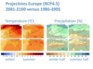 Projections Europe (RCP4.5)
2081-2100 versus 1986-2005
Temperature (oC) Precipitation (%)
winter summer winter half summer half
 