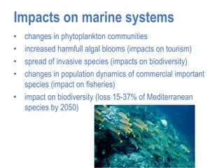 • changes in phytoplankton communities
• increased harmfull algal blooms (impacts on tourism)
• spread of invasive species (impacts on biodiversity)
• changes in population dynamics of commercial important
species (impact on fisheries)
• impact on biodiversity (loss 15-37% of Mediterranean
species by 2050)
Impacts on marine systems
 