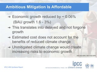 Ambitious Mitigation Is Affordable 
➜ Economic growth reduced by ~ 0.06% 
(BAU growth 1.6 - 3%) 
➜ This translates into de...