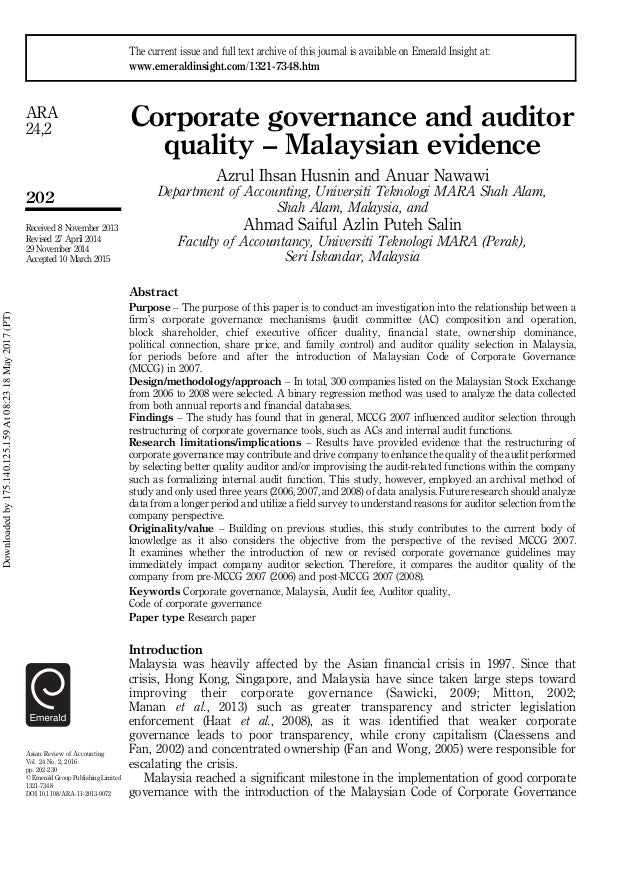Corporate Governance And Auditor Quality Malaysian Evidence