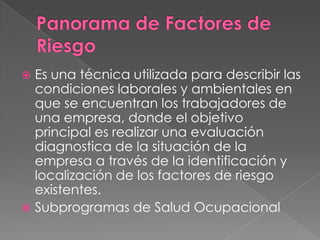  Es una técnica utilizada para describir las
  condiciones laborales y ambientales en
  que se encuentran los trabajadores de
  una empresa, donde el objetivo
  principal es realizar una evaluación
  diagnostica de la situación de la
  empresa a través de la identificación y
  localización de los factores de riesgo
  existentes.
 Subprogramas de Salud Ocupacional
 
