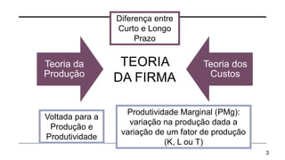 TEORIA
DA FIRMA
Teoria da
Produção
Teoria dos
Custos
3
Voltada para a
Produção e
Produtividade
Diferença entre
Curto e Longo
Prazo
Produtividade Marginal (PMg):
variação na produção dada a
variação de um fator de produção
(K, L ou T)
 