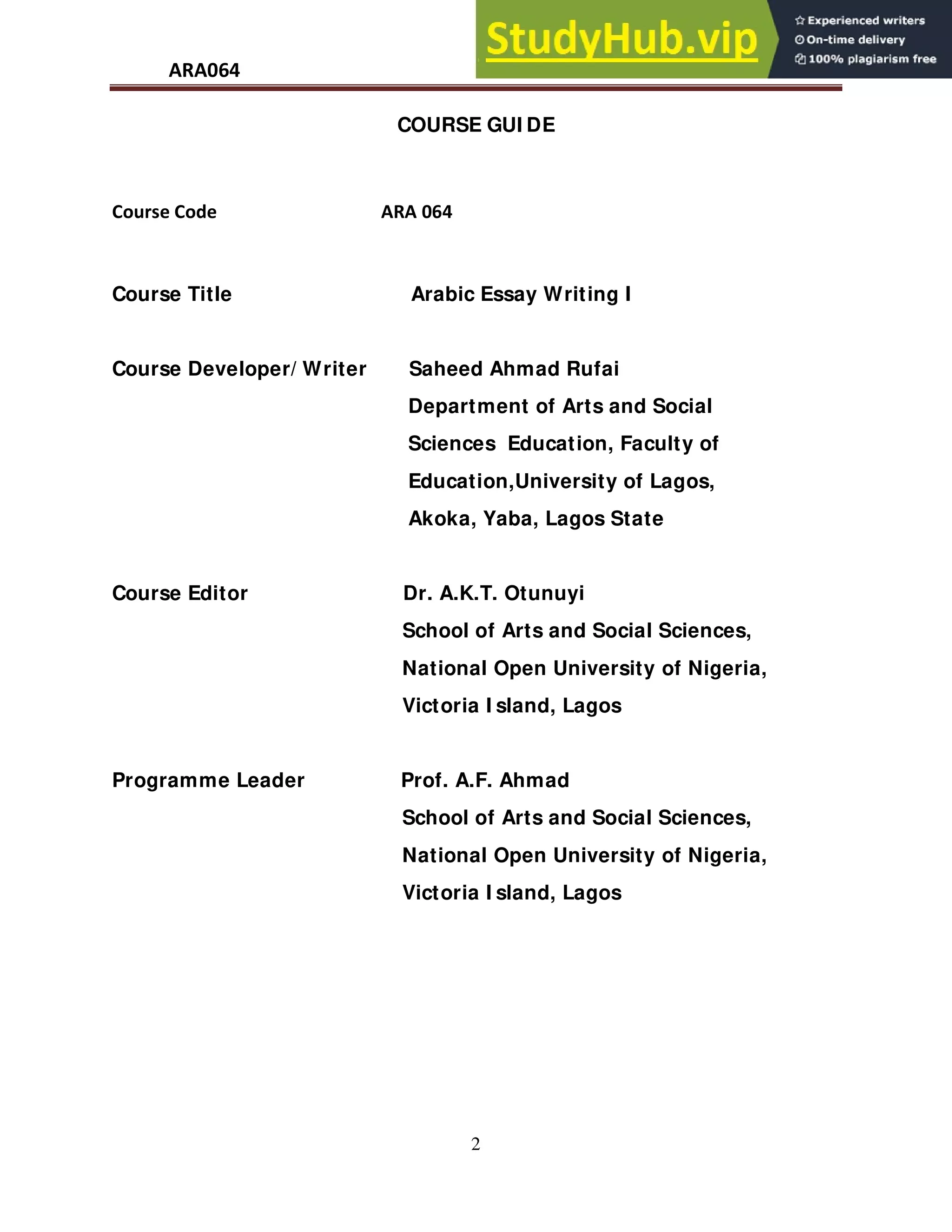 Assignment Writing Ara ARA 064 Arabic Essay Writing I An Undergraduate Course Developed For ...