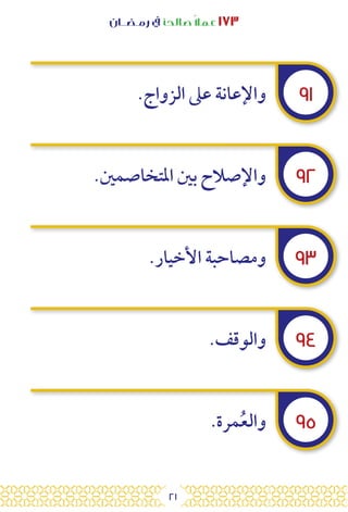 21
‫رمـضــان‬ ‫يف‬ ‫صالحًا‬ً‫ال‬‫عم‬ ١٧٣
٩١
٩٢
٩٣
٩٤
٩٥
.‫الزواج‬ ‫عىل‬ ‫واإلعانة‬
.‫املتخاصمني‬ ‫بني‬ ‫واإلصالح‬
.‫األخيار‬ ‫ومصاحبة‬
.‫والوقف‬
.‫مرة‬ُ‫ع‬‫وال‬
 