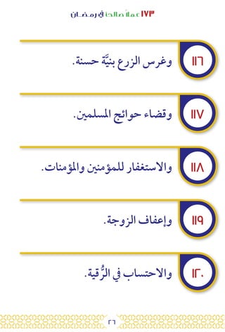 26
‫رمـضــان‬ ‫يف‬ ‫صالحًا‬ً‫ال‬‫عم‬ ١٧٣
١١٦
١١٧
١١٨
١١٩
١٢٠
.‫حسنة‬ ‫ة‬َّ‫ي‬‫بن‬ ‫الزرع‬ ‫وغرس‬
.‫املسلمني‬ ‫حوائج‬ ‫وقضاء‬
.‫واملؤمنات‬ ‫للمؤمنني‬ ‫واالستغفار‬
.‫الزوجة‬ ‫وإعفاف‬
.‫قية‬ ُّ‫الر‬ ‫يف‬ ‫واالحتساب‬
 