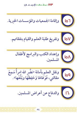 34
‫رمـضــان‬ ‫يف‬ ‫صالحًا‬ً‫ال‬‫عم‬ ١٧٣
١٥٦
١٥٧
١٥٨
١٥٩
١٦٠
.‫اخلريية‬ ‫واملؤسسات‬ ‫اجلمعيات‬ ‫وإقامة‬
.‫بنفقاهتم‬ ‫والقيام‬ ‫العلم‬ ‫طلبة‬ ‫وتفريغ‬
‫ألطفال‬ ‫والربامج‬ ‫الكتب‬ ‫وإعداد‬
.‫املسلمني‬
َ‫ع‬ِ‫م‬ َ
‫س‬ ً‫امرأ‬ ‫اهلل‬ َّ
‫«نض‬ ‫بأمانة‬ ‫العلم‬ ‫ونقل‬
.»‫ها‬َ‫غ‬َّ‫ل‬َ‫ب‬‫و‬ ‫ا‬َ‫ه‬َ‫ظ‬ِ‫ف‬ َ‫ح‬َ‫و‬ ‫ا‬َ‫اه‬َ‫ع‬َ‫و‬َ‫ف‬ ،‫مقالتي‬
.‫املسلمني‬ ‫أعراض‬ ‫عن‬ ‫والدفاع‬
 