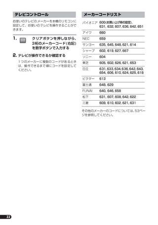 22
お使いのテレビのメーカーを本機のリモコンに
設定して、お使いのテレビを操作することがで
きます。
1. クリアボタンを押しながら、
3桁のメーカーコード(右記)
を数字ボタンで入力する
2. テレビが操作できるか確認する
1つのメーカーに複数のコードがあるとき
は、操作できるまで順にコードを設定して
ください。
その他のメーカーのコードについては、53ペー
ジを参照してください。
テレビコントロール
クリア
メーカーコードリスト
パイオニア 600(お買い上げ時の設定),
631, 632, 607, 636, 642, 651
アイワ 660
NEC 659
サンヨー 635, 645, 648, 621, 614
シャープ 602, 619, 627, 667
ソニー 604
東芝 605, 602, 626, 621, 653
日立 631, 633, 634,636, 642, 643,
654, 606, 610, 624, 625, 618
ビクター 613
富士通 648, 629
FUNAI 640, 646, 658
松下 631, 607, 608, 642, 622
三菱 609, 610, 602, 621, 631
HTP-S313.book 22 ページ ２００７年２月２６日　月曜日　午前１０時２３分
 
