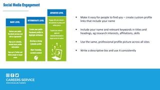 Make it easy for people to find you – create custom profile
links that include your name
 Include your name and relevant keywords in titles and
headings, eg research interests, affiliations, skills
 Use the same, professional profile picture across all sites
 Write a descriptive bio and use it consistently
 