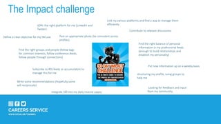 JOIN- the right platform for me (LinkedIn and
Twitter)
Find the right groups and people (follow tags
for common interests, follow conference feeds,
follow people through connections)
Post an appropriate photo (be consistent across
profiles)
Define a clear objective for my SM use.
Looking for feedback and input
from my community
Link my various platforms and find a way to manage them
efficiently
Contribute to relevant discussions
structuring my profile, using groups to
help me
Find the right balance of personal
information in my professional feeds
(enough to build relationships and
establish my personality)
Write some recommendations (hopefully some
will reciprocate)
Integrate SM into my daily routine (apps)
Put new information up on a weekly basis
Subscribe to RSS feeds or accumulators to
manage this for me
The Impact challenge
 