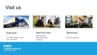 Visit us
Kings Gate
11 - 4:30pm, Monday – Friday
Level 1, Kings Gate
Meet the team
Careers Advisers
Information Officers
CV Advisers
Workshops
30 minute workshops
 