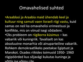 Omavahelised suhted
•Araablasi ja Araabia maid ühendab keel ja
kultuur ning samuti vaen Iisraeli riigi vastu, kuid
samas on neil ka omavahelisi erimeelsusi ja
konflikte, mis on viinud isegi sõdadeni.
•Üks probleem on riigikorra küsimus – kas
vabariik või kuningriik. Tavaliselt on kas
absoluutne monarhia või ainuparteiline vabariik.
Rohkem demokraatlikeks peetakse Egiptust ja
Marokot. Osades riikides toimusid 1950- 1960
riigipöörded kus sõjavägi kukutas kuninga ja
 