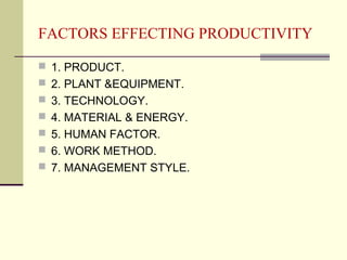 FACTORS EFFECTING PRODUCTIVITY
 1. PRODUCT.
 2. PLANT &EQUIPMENT.
 3. TECHNOLOGY.
 4. MATERIAL & ENERGY.
 5. HUMAN FACTOR.
 6. WORK METHOD.
 7. MANAGEMENT STYLE.
 