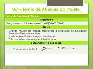 TAP – Termo de Abertura do Projeto
Termo de Abertura do Projeto
                               Orçamento
O orçamento total da obra será de R$30.000.000,00
                                 Riscos
- Grande volume de chuvas impedindo a execução de fundações
  área de várzea do Rio Tietê;
- A não obtenção das licenças ambientais;
- Falta de mão de obra especializada local.
                     Data, Assinatura do Sponsor

     02 de janeiro de 2012
 