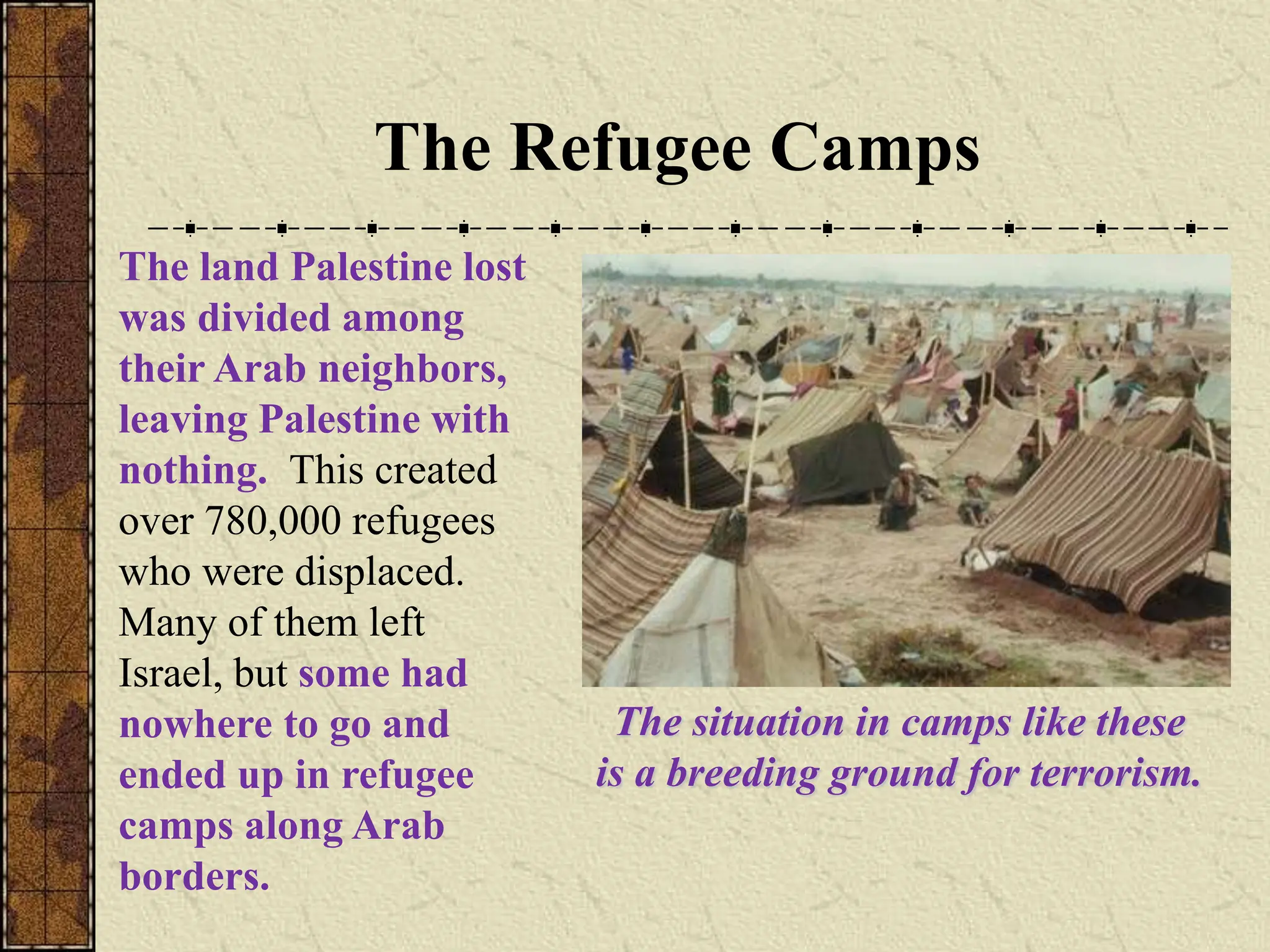 The land Palestine lost
was divided among
their Arab neighbors,
leaving Palestine with
nothing. This created
over 780,000 refugees
who were displaced.
Many of them left
Israel, but some had
nowhere to go and
ended up in refugee
camps along Arab
borders.
The Refugee Camps
The situation in camps like these
is a breeding ground for terrorism.
 