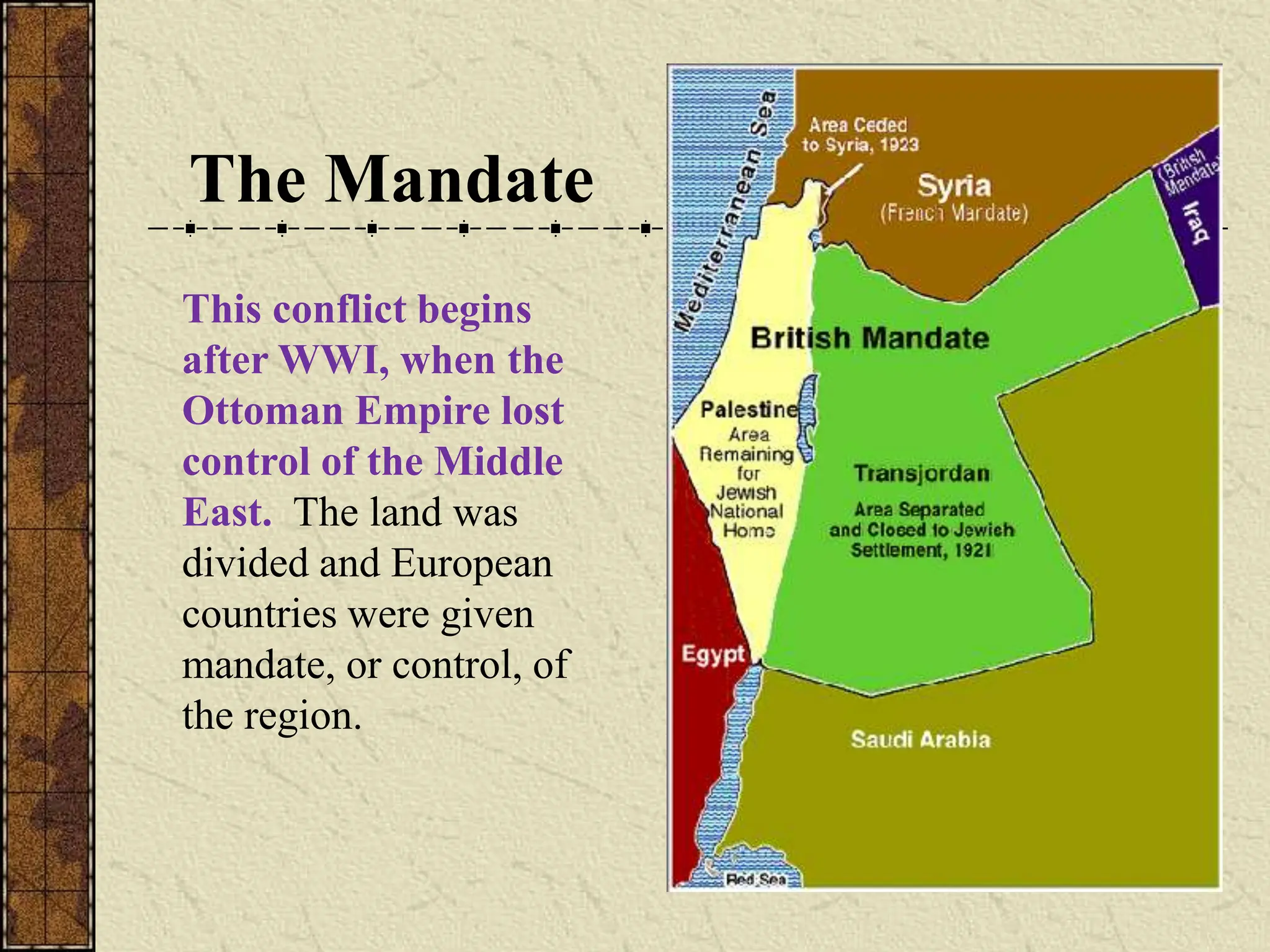 This conflict begins
after WWI, when the
Ottoman Empire lost
control of the Middle
East. The land was
divided and European
countries were given
mandate, or control, of
the region.
The Mandate
 