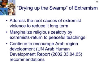 16


     “Drying up the Swamp” of Extremism

• Address the root causes of extremist
  violence to reduce it long term
• Marginalize religious zealotry by
  extremists-return to peaceful teachings
• Continue to encourage Arab region
  development (UN Arab Human
  Development Report (2002,03,04,05)
  recommendations
 