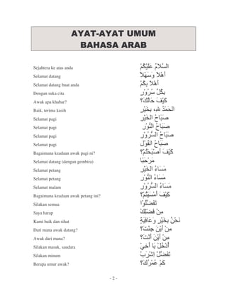 Sejahtera ke atas anda
Selamat datang
Selamat datang buat anda
Dengan suka cita
Awak apa khabar?                                !"
Baik, terima kasih                           #$ '
                                                %&(
Selamat pagi                                 # )* +
Selamat pagi                                 , )*
                                              .
                                              - +
Selamat pagi                                  - )* +
Selamat pagi                               / 0 )*
                                            ,     +
Bagaimana keadaan awak pagi ni?             1* ! "
                                             (+
Selamat datang (dengan gembira)            * 2
Selamat petang                               # 32
Selamat petang                              , 32
                                             .
                                             -
Selamat malam                                 - 32
Bagaimana keadaan awak petang ini?          1 2! "
Silakan semua                              ,40  5
Saya harap                                   46 2
                                                7
Kami baik dan sihat                        86     #79 (
Dari mana awak datang?                      :; 7 7
                                              < = 2
Awak dari mana?                             :97 7
                                                = 2
Silakan masuk, saudara                     @> = >  ?
Silakan minum                              A B 40   5
Berapa umur awak?                           C' "
                                     -2-
 