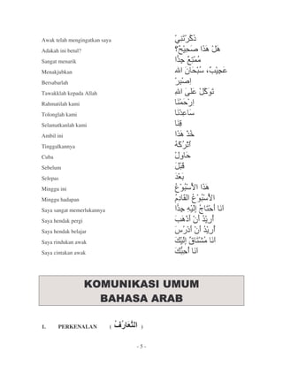 Awak telah mengingatkan saya          @. "
                                        5O
Adakah ini betul?                      I +
                                       H( S
Sangat menarik                        &^2
                                      f H'
                                       < 1
Menakjubkan                           % P( $ l
                                           * H
                                             `
Bersabarlah                            *+
Tawakklah kepada Allah                % k "5 ,
Rahmatilah kami                       .'
Tolonglah kami                        9&
Selamatkanlah kami                    .Q
Ambil ini                             SS  >
Tinggalkannya                         X 5
                                       "
Cuba                                  /
Sebelum                                *Q
Selepas                               &G
Minggu ini                            m *n S
                                       ,
Minggu hadapan                         ? m *n
                                        j ,
Saya sangat memerlukannya             &
                                      f Xh 1 9
                                       < o
Saya hendak pergi                     ` OP &=
Saya hendak belajar                   Y ?P & =
Saya rindukan awak                      h 12 9
                                         p
                                         HF
Saya cintakan awak                     *
                                       - 9




1.     PERKENALAN           (    )


                                -5-
 