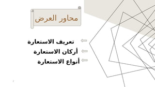 ‫االستعارة‬ ‫تعريف‬
‫االستعارة‬ ‫أركان‬
‫االستعارة‬ ‫أنواع‬
2
‫العرض‬ ‫محاور‬
 