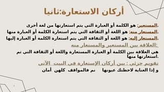‫االستعارة‬ ‫أركان‬
:
‫ثانيا‬
:‫المستعير‬
‫ٔاخرى‬ ‫لغة‬ ‫من‬ ‫استعارتها‬ ‫يتم‬ ‫التي‬ ‫العبارة‬ ‫ٔاو‬ ‫الكلمة‬ ‫هو‬ .
:‫منه‬ ‫المستعار‬
‫منها‬ ‫العبارة‬ ‫ٔاو‬ ‫الكلمة‬ ‫استعارة‬ ‫يتم‬ ‫التي‬ ‫الثقافة‬ ‫ٔاو‬ ‫اللغة‬ ‫هو‬ .
:‫ٕاليه‬ ‫المستعار‬
‫ٕاليها‬ ‫العبارة‬ ‫ٔاو‬ ‫الكلمة‬ ‫استعارة‬ ‫يتم‬ ‫التي‬ ‫الثقافة‬ ‫ٔاو‬ ‫اللغة‬ ‫هو‬ .
‫منه‬ ‫والمستعار‬ ‫المستعير‬ ‫بين‬ ‫العالقة‬:
‫تم‬ ‫التي‬ ‫الثقافة‬ ‫ٔاو‬ ‫واللغة‬ ‫المستعارة‬ ‫العبارة‬ ‫ٔاو‬ ‫الكلمة‬ ‫بين‬ ‫العالقة‬ ‫هي‬
‫منها‬ ‫استعارتها‬.
:
‫آالتي‬ ‫البيت‬ ‫في‬ ‫إالستعارة‬ ‫ٔاركان‬ ‫بين‬ ‫جزئي‬ ‫تقويم‬
‫ٔامان‬ ‫كلهن‬ ‫فالمواقف‬ ‫نم‬ ‫عيونها‬ ‫الحظتك‬ ‫العناية‬ ‫ٕاذا‬ ‫و‬
4
 